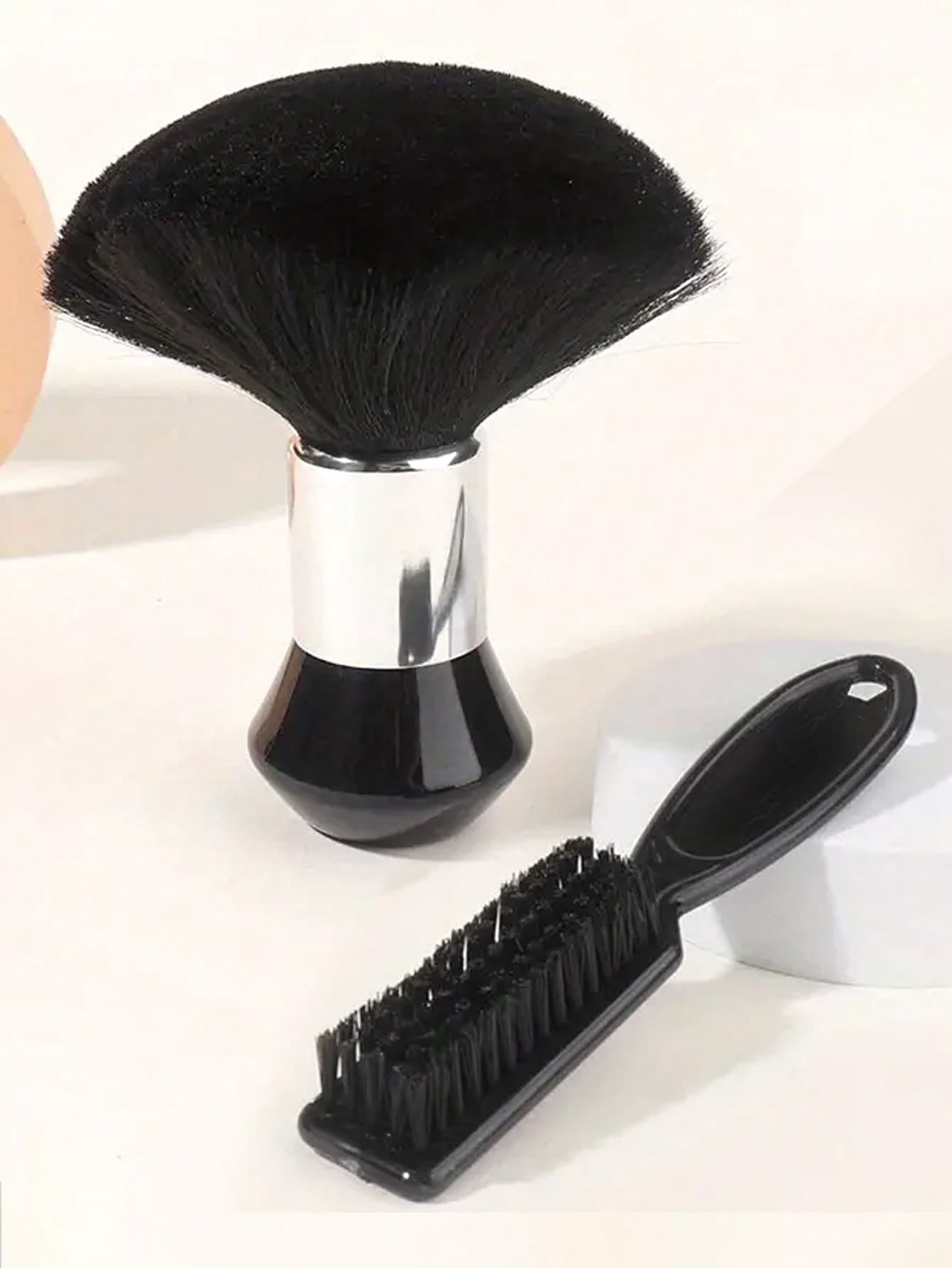 WANMEI 2pcs/Set Black Barber Soft Brush Set, Men's Shaving Soft Brush And Cosmetic Cleaning Salon Tool, Black ABS Handle, Premium Hair Styling Brush Set - Nylon Bristles, Create Smooth Styling, Professional Hair Clipper/Trimmer Cleaning Brush, Beard Care Essential