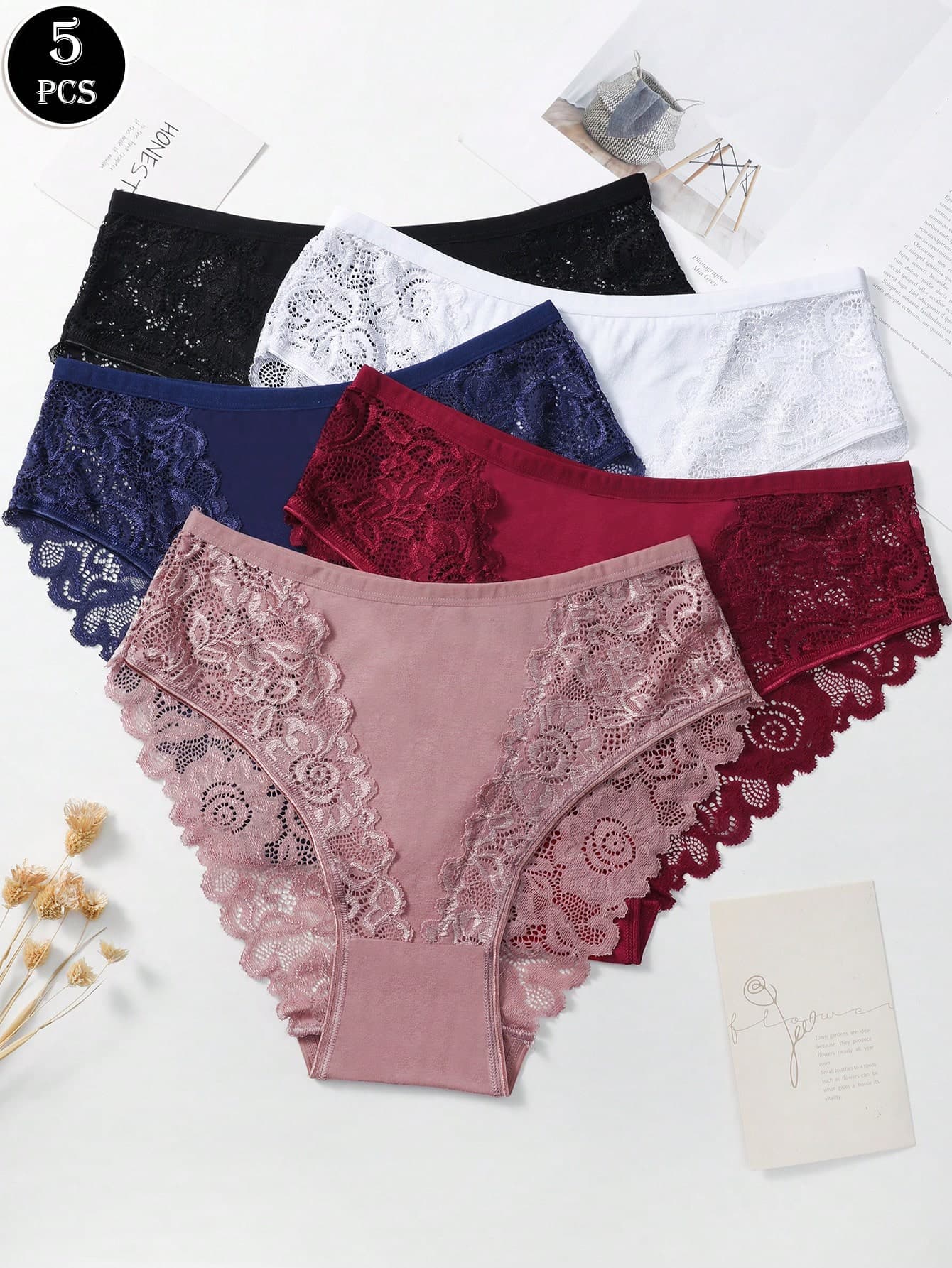 5pcs/Pack Women Lace Patchwork Breathable Comfy Cotton Briefs/Panties