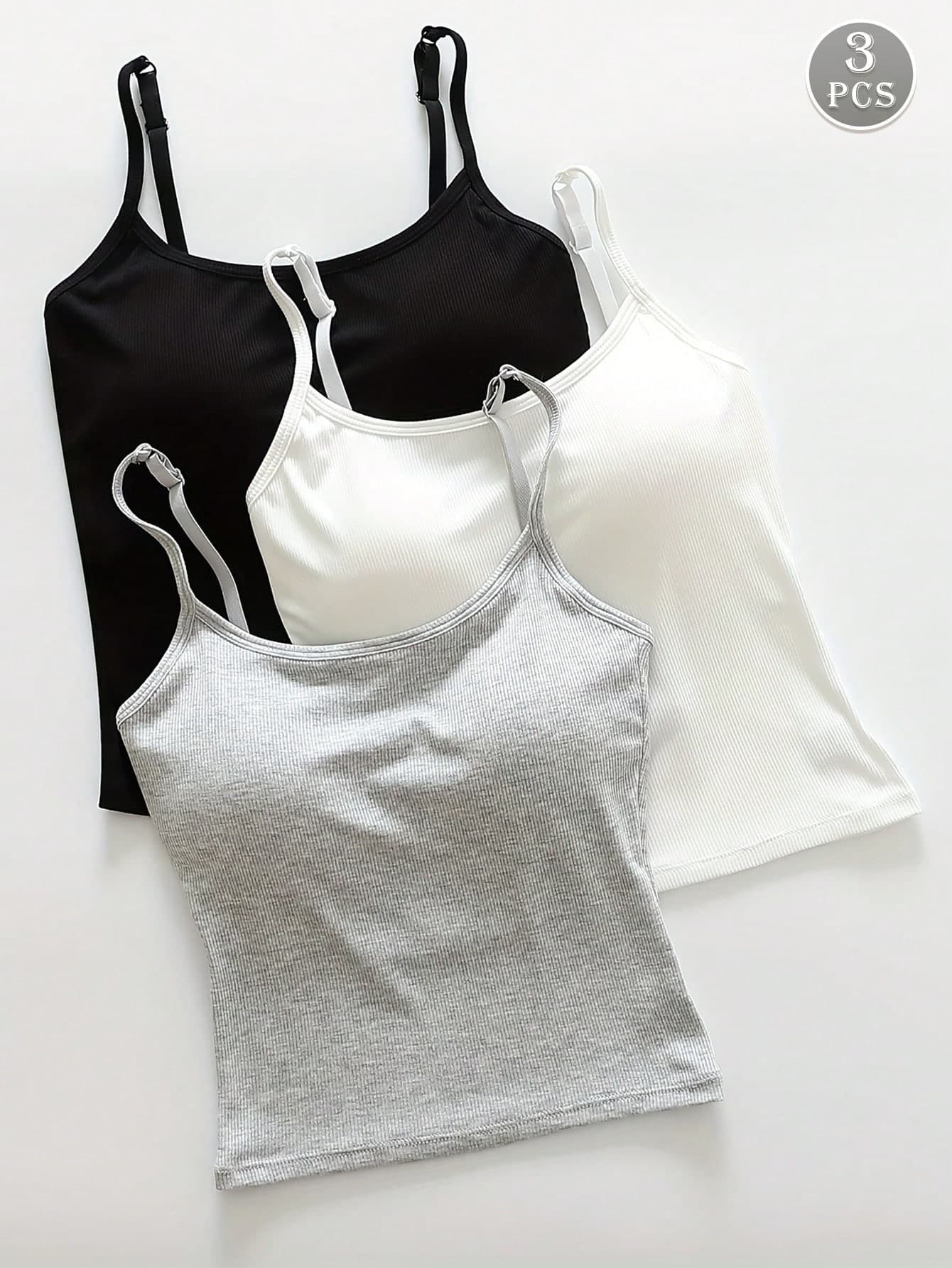 3pcs Women Plain Ribbed Camisole With Padded Bra, Casual Skinny Crop Top, Workout
