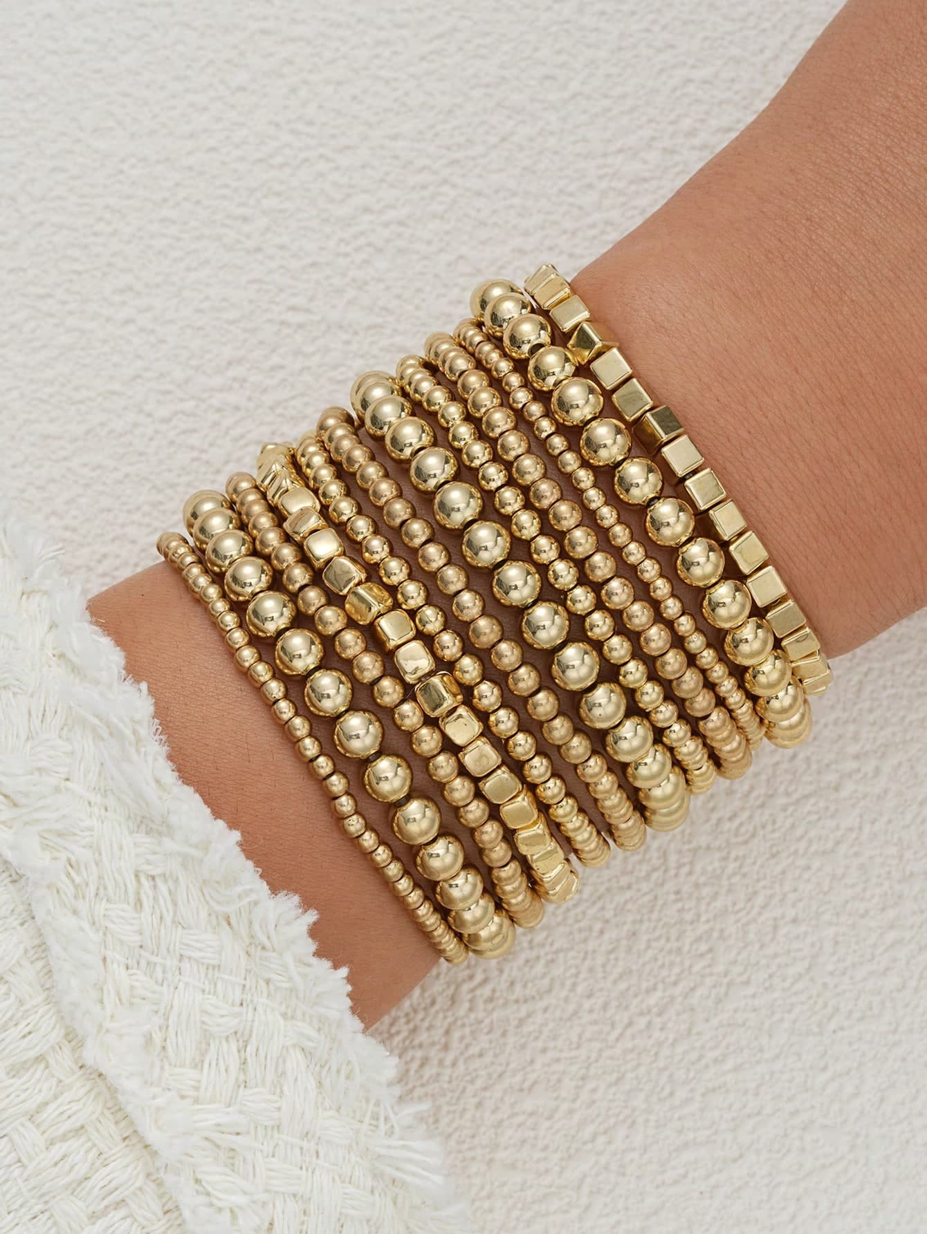 12pcs Vintage Minimalist Women's CCB Round & Square Beaded Bracelets For Daily Wear, Commuting, Dating, Party, Vacation