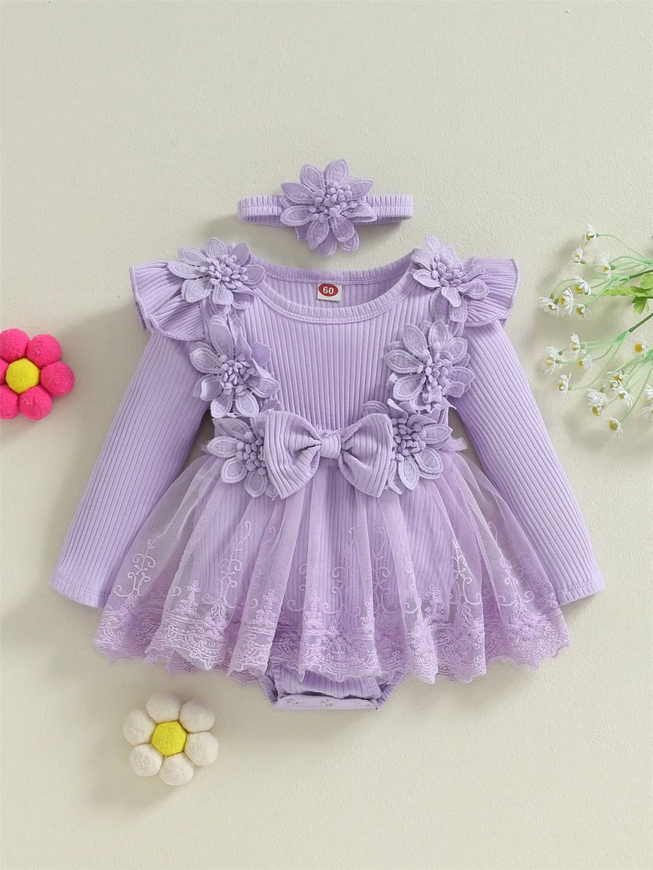 2Pcs Baby Girls Set 3D Flower Bow Long Sleeve Mesh Dress Bodysuit Headband Adorable Ribbed Outfits Sets