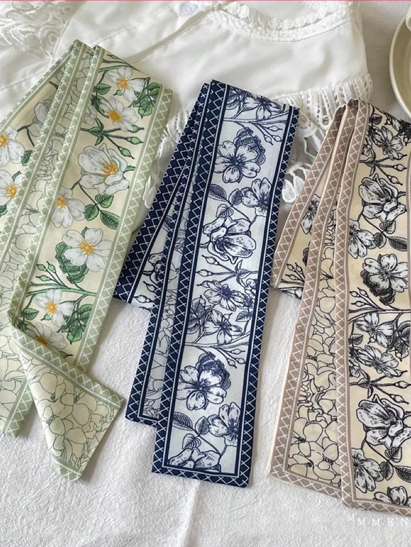 3pcs Set Elegant Blue Floral Silk Scarf/Headband/Headwrap/Hair Tie, Multipurpose, Suitable For Daily Wear And Vacation, Can Be Used As Headscarf, Headband, Sweatband, Autumn/Winter Headwrap, Hair Accessory, Women's Headscarf, Soft Headwrap, Women's Scarf Fashion Hair Band Summer Outfits