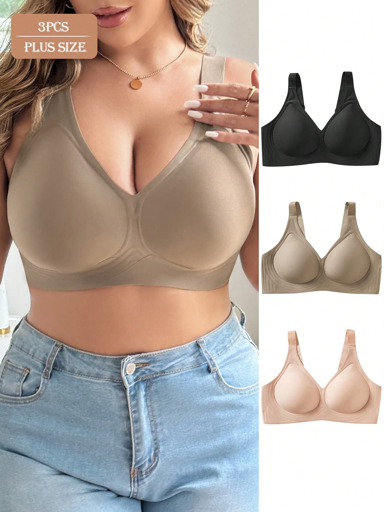 3PCS Plus Size Lady's Casual Seamless Sports Yoga Sleep Thin Bra, Anti-Sagging & Push Up Wireless Soft Cup Solid Bralette Lingerie Underwear Bra