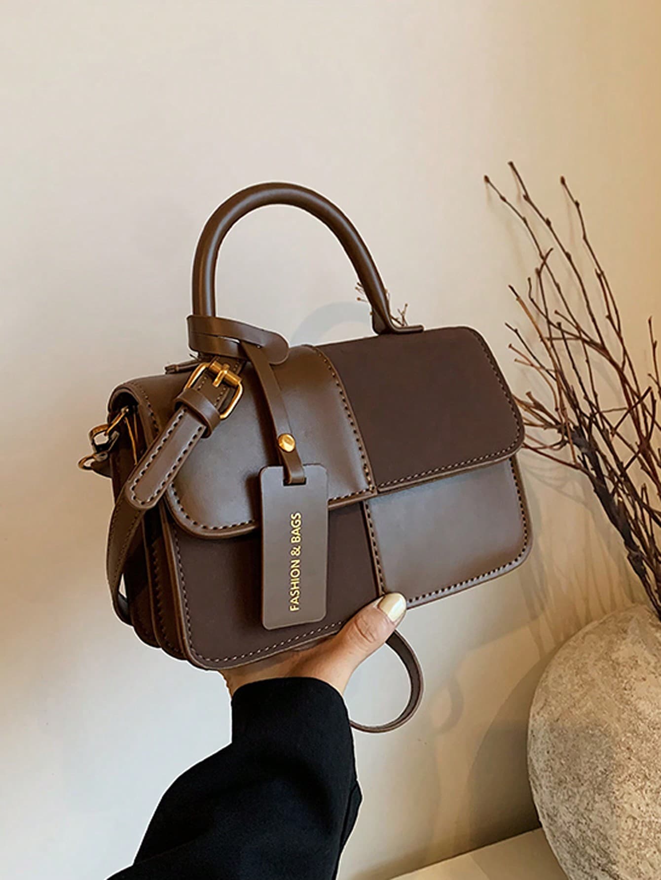 New Stylish Simple Plaid Patchwork Handbag Tote Shoulder Crossbody Bag , Old Money