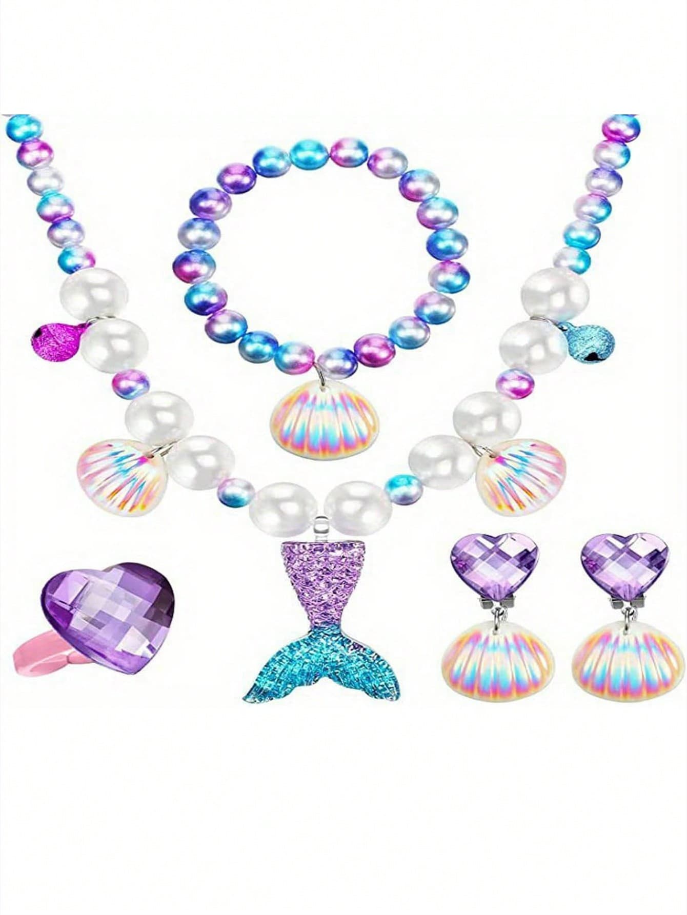 5pcs Kids Cute Princess Beaded Necklace Bracelet Ear Clips Ring Set, Mermaid Princess Gift, Suitable For Girls, Party Gift Holiday Gift