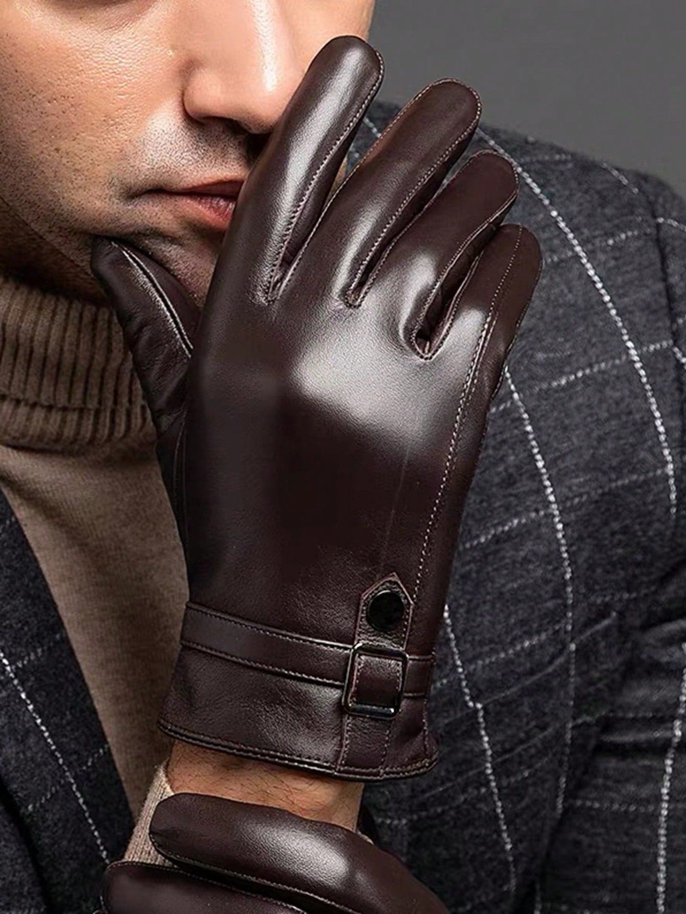 1 Pair Men's Faux Leather Gloves, Fashionable Warm Touchscreen Thermal Lined Waterproof Windproof Driving Cycling Gloves
