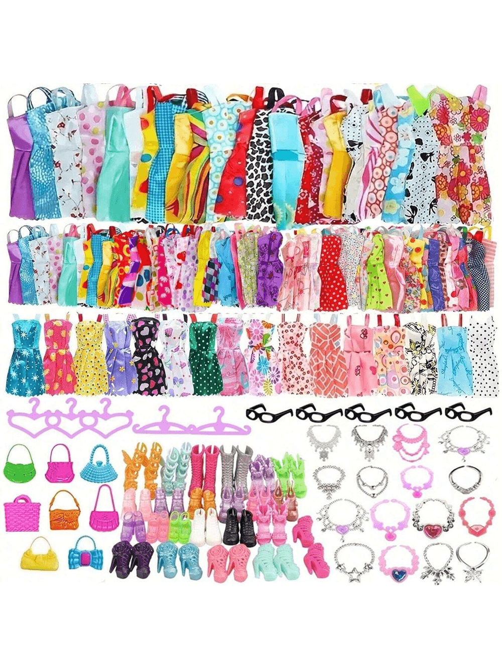 40pcs/Set Doll Clothes & Accessories, 3pcs Random Handbags, 6pcs Random Necklaces, 6pcs Random Glasses, 10pcs Random Hangers, 10pcs Random Shoes, 5pcs Random Dresses, Suitable For 11.5" & 18" Dolls, Doll Clothes, Children Toy Dolls