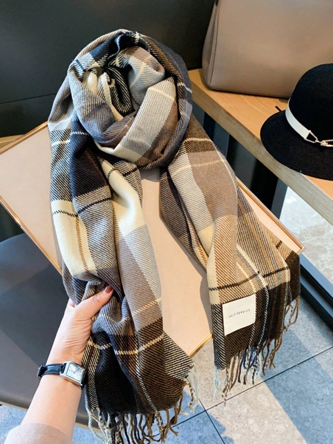 1pc Winter Women Scarf, Thick Checker Patterned Scarf, Couple Simple Scarf, For Keep Warm Outdoors In Accessories
