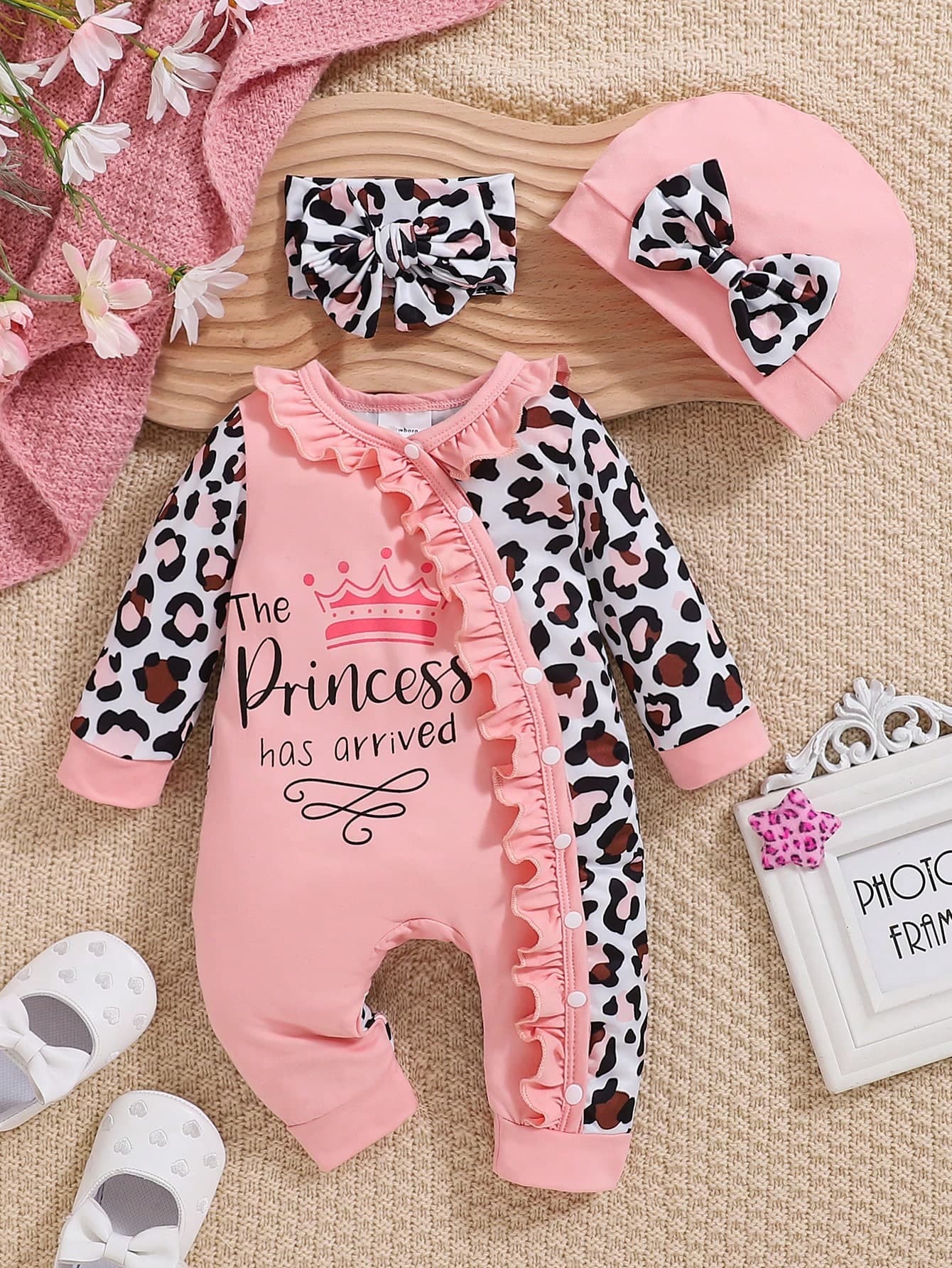 Baby Girl Autumn/Winter Pink Leopard Print Letter Print Jumpsuit With Hat
