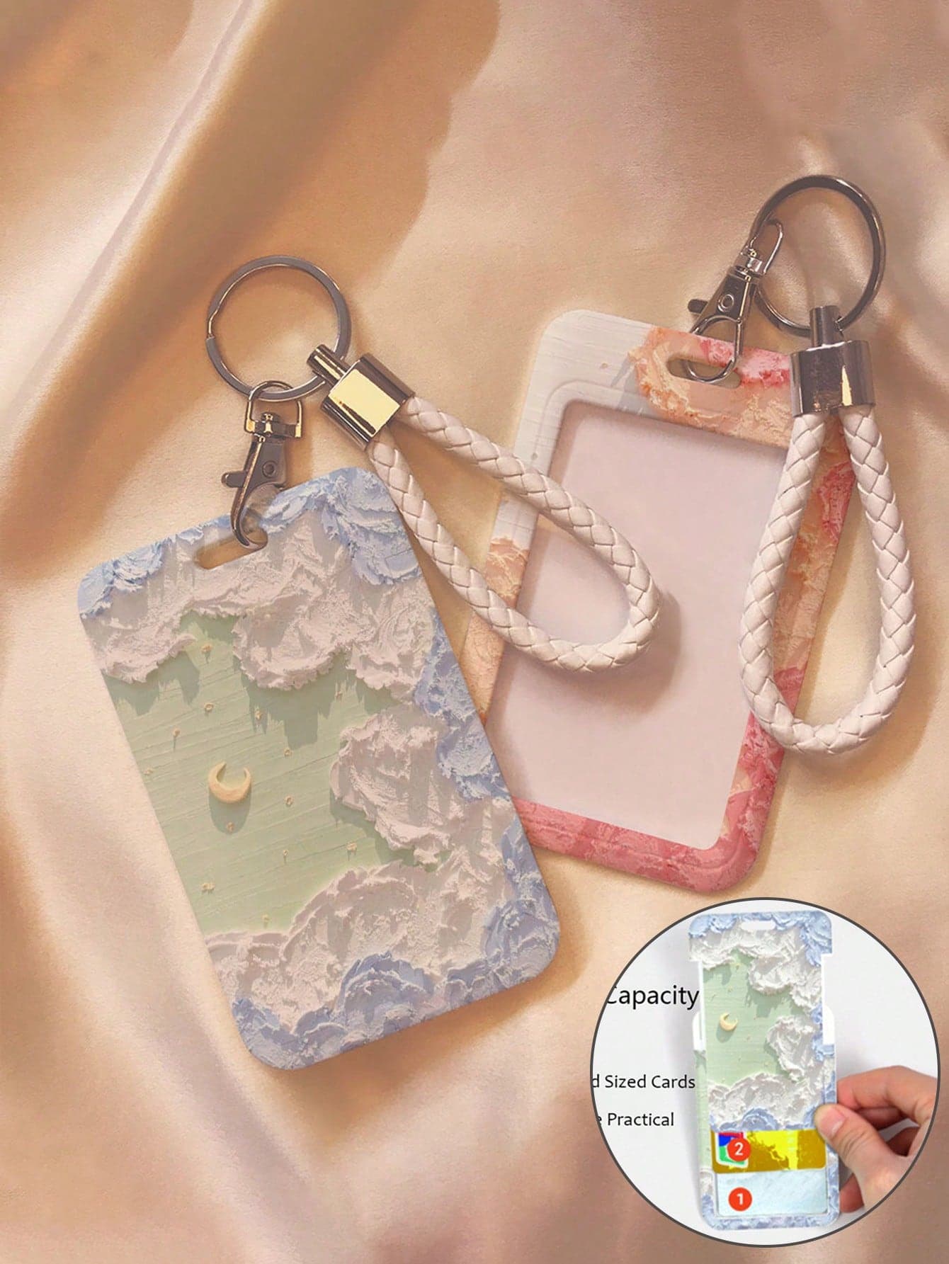 Floral Oil Painting Card Holder With Keychain - Flower Moon Oil Painting Design, Fashionable Protection For Your School And Office Cards, With Sliding Cover And Card Lanyard, Durable Plastic Protective Case Suitable For Student ID, Meal Card, Public Transportation And Metro Access Card, Hard Card Holder, Work ID Protector
