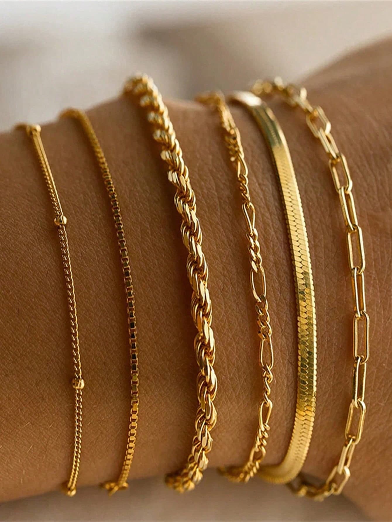 6pcs Unisex Strap Bracelets, Flat Snake Chain, Paper Clip Chain, Chain, Beaded And Plain Chain Styles