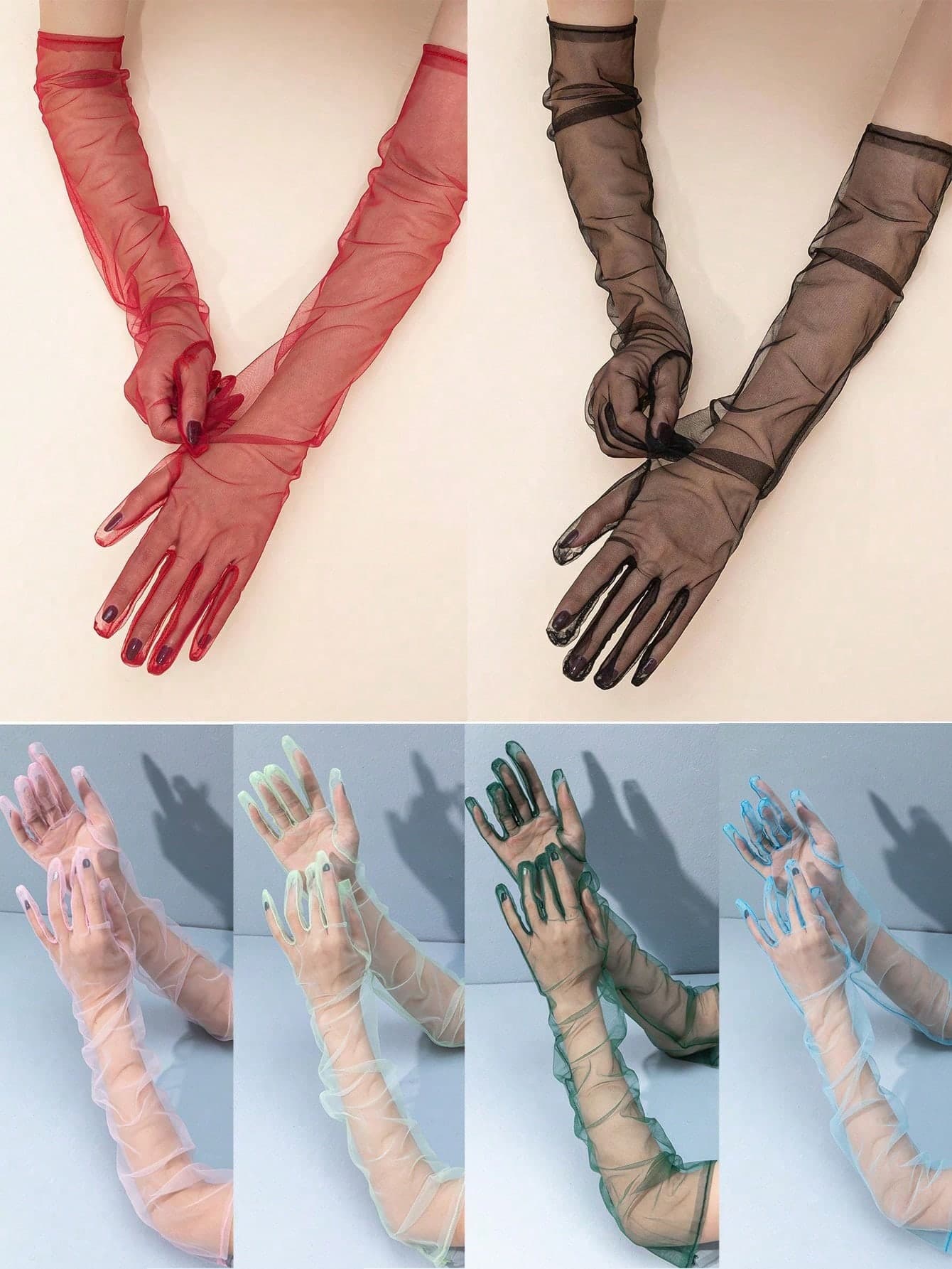 1 Pair Women Solid Color Long Mesh Evening Gloves Halloween