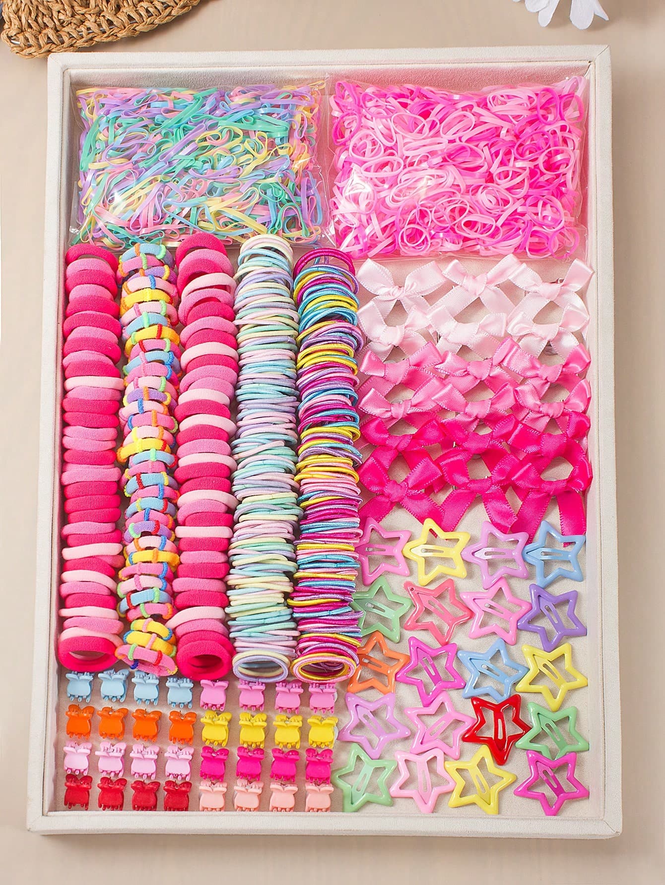885pcs Girls' Multicolor Cute Hair Scrunchies, Star Hair Clips, Oil Drop Hair Clips, Rabbit Claw Hair Clips, Bow Hair Clips, Hair Ties, Colorful Hair Flowers Hair Accessories Set