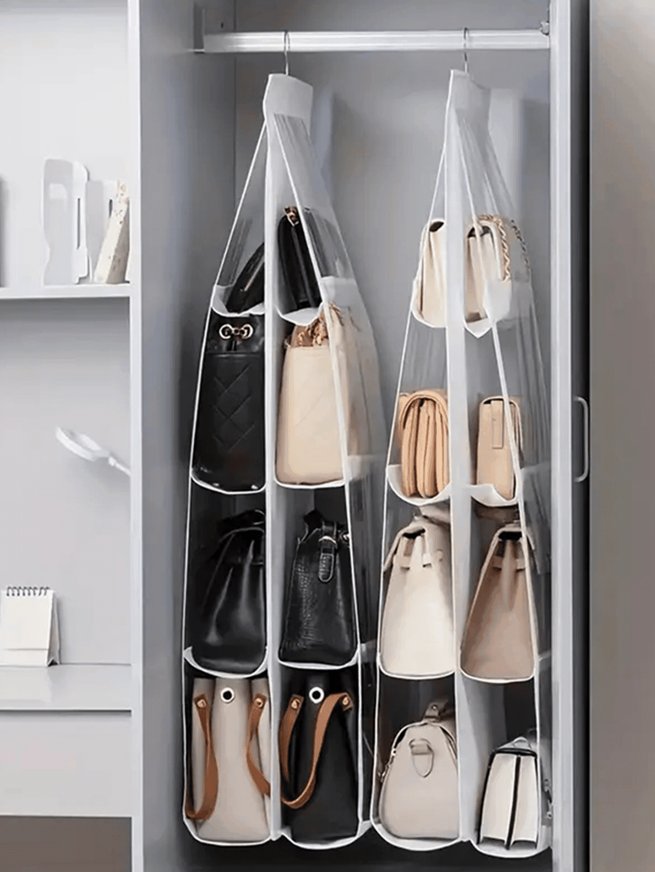 1/2pcs 1/6/8 Slot Space Saving Hanging Bag Organizer Rack, Multi-Layer Handbag Wallet Storage Rack, Wallet Organizer, Bag Organizer, Travel, Portable