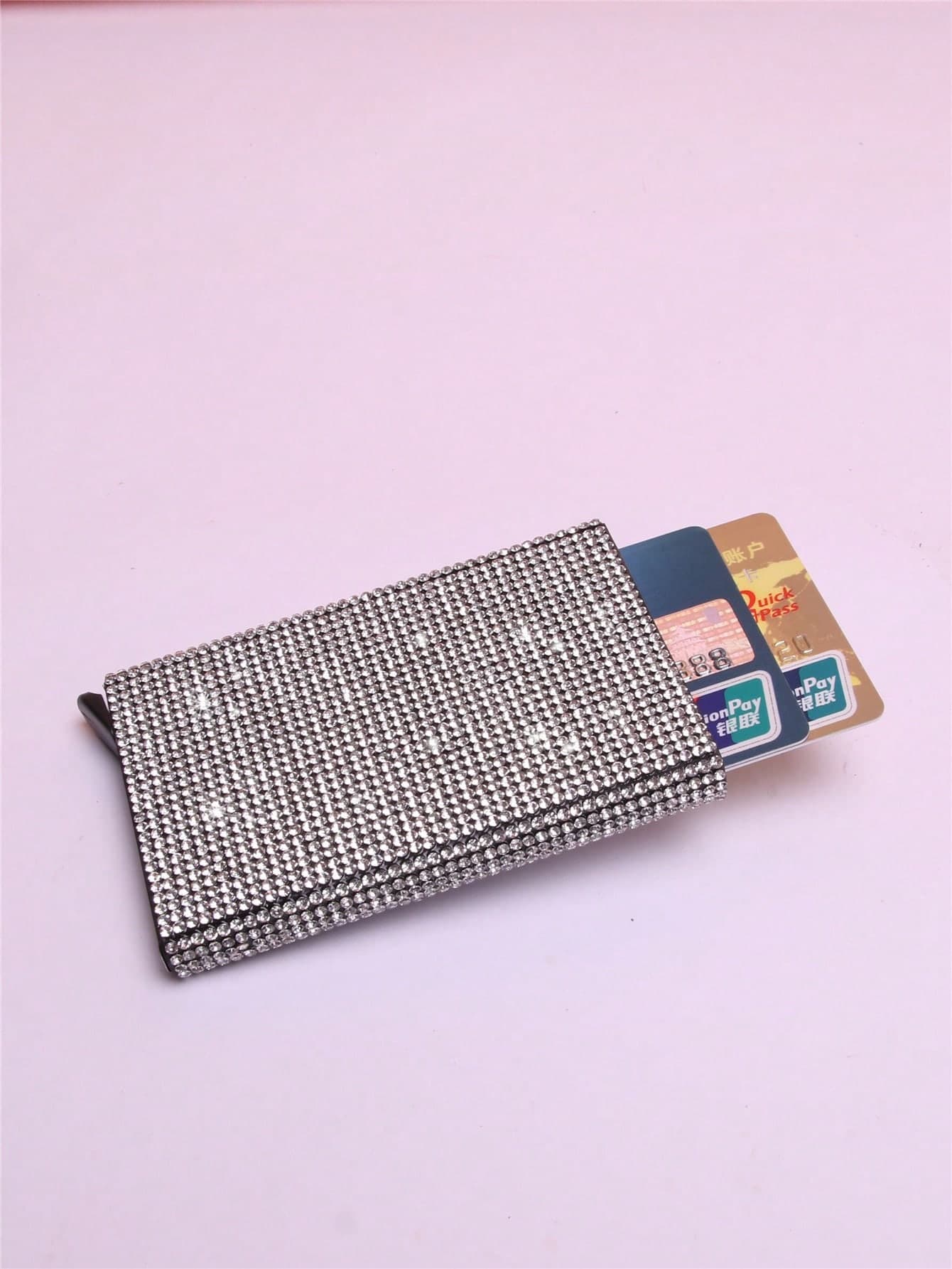 1pc Solid Color Rhinestone Decorated Metal With Push-Out Design Fashionable & Elegant For Suitable For Shopping Gathering And All Seasons Wallet For Cards For Card Holder Card Holder Wallet Business Card Holder Credit Card Holder Card Holder Women For Women Mini Wallet Card Wallet Rfid Wallet