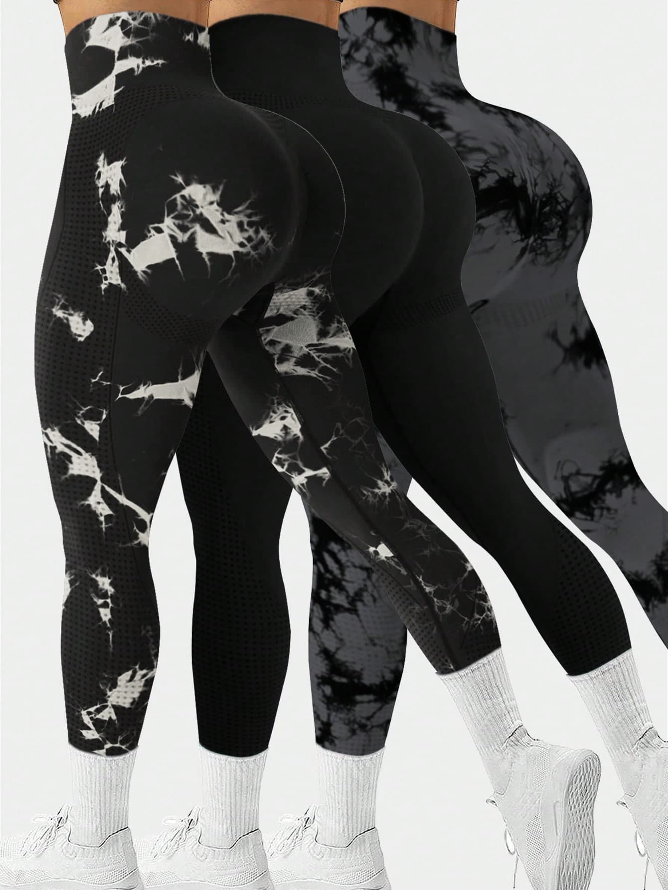 3Pcs Women Seamless High Waisted Sports Yoga Pants, Moisture Wicking, Peach Hip, Casual&Activewear Tie-Dye Leggings Tights Spring