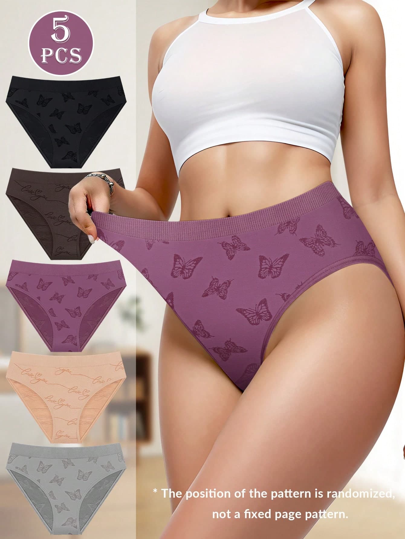 MEIYATING 5pcs/Pack Women Seamless Ribbed Low-Waisted Fashionable Printed Comfortable Panties