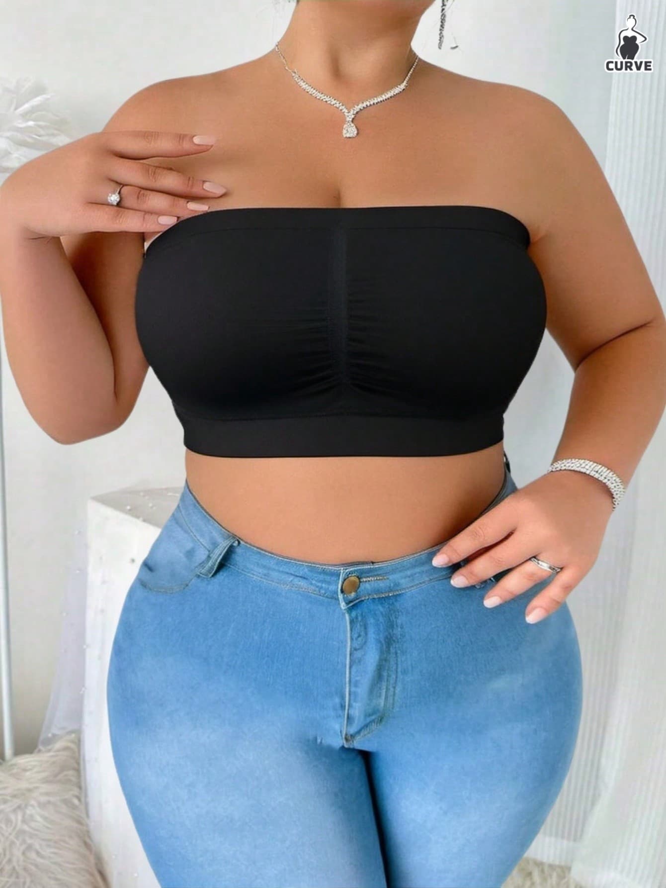 Wedisco 1pc Plus Size Women Seamless Wireless Bra, Black Full Coverage Comfortable Breathable Bandeau Bra