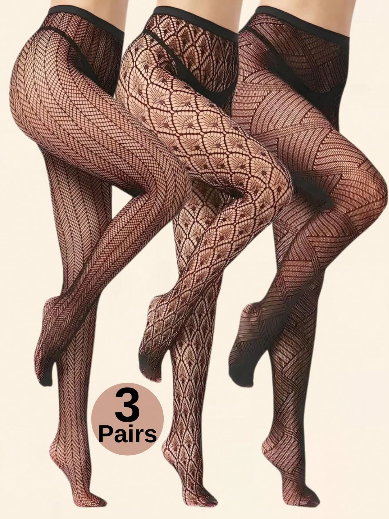 3 Pairs Women Black Fishnet Leggings - Hollow High Waist Fishnet Tights, Elastic Fishnet Stockings, Geometric Pattern Fishnet Pants, See-Through Hollow Pantyhose, Black Sexy Stockings. Women Tights & Leggings Suitable For All Seasons, Great For Valentine's Day, Halloween, Christmas Gifts