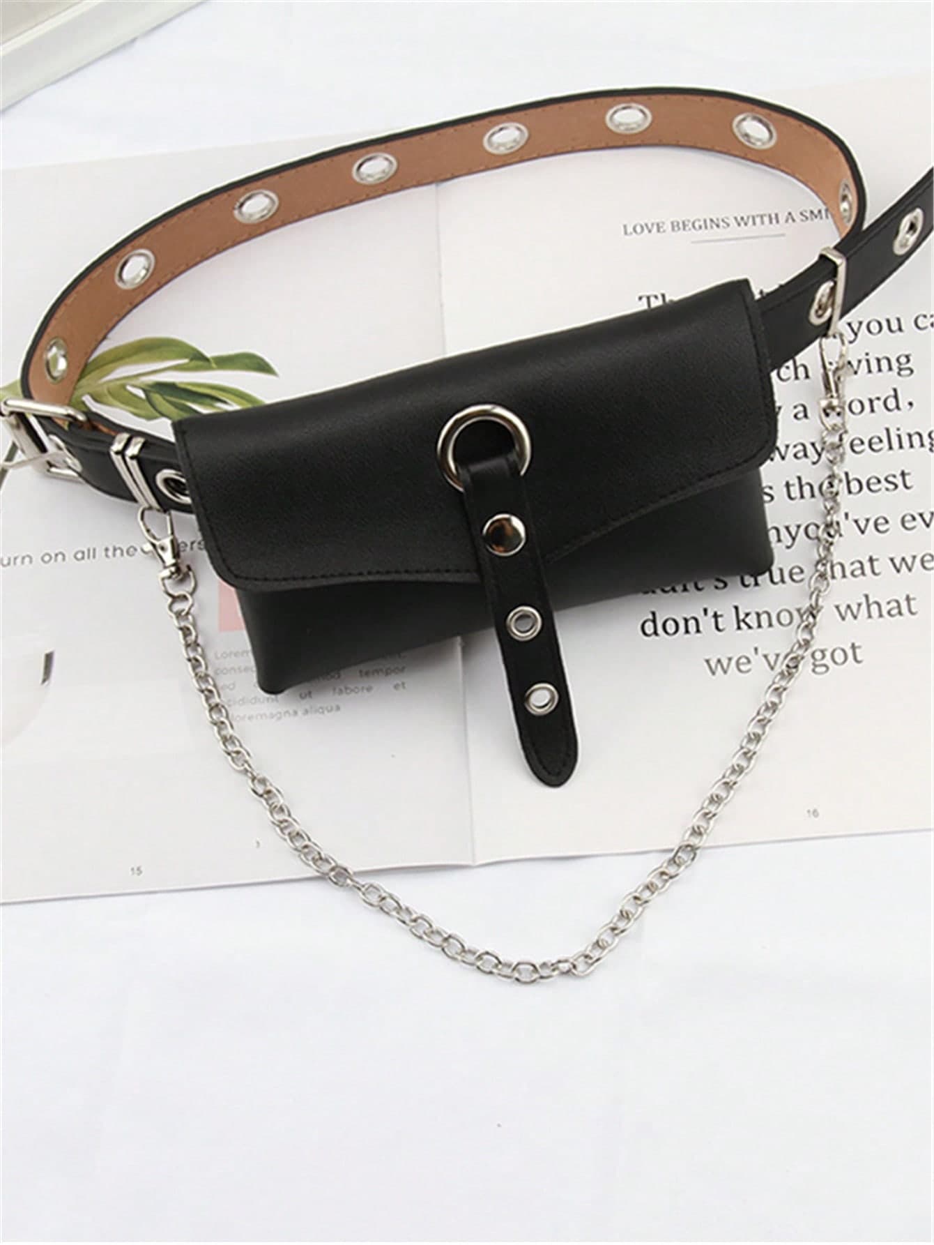 Punk Rock Style JK Uniform Accessories Leather Belt With Full Holes, Gothic Punk Cross & Skull Pattern, Fashionable Multipurpose Waist Strap, Women Waist Bag With Chain, Western Purse For Women, Bohemia Style Bag For Women, Perfect For Rodeo Occasion, 2000s Fashion Style Bag For Women