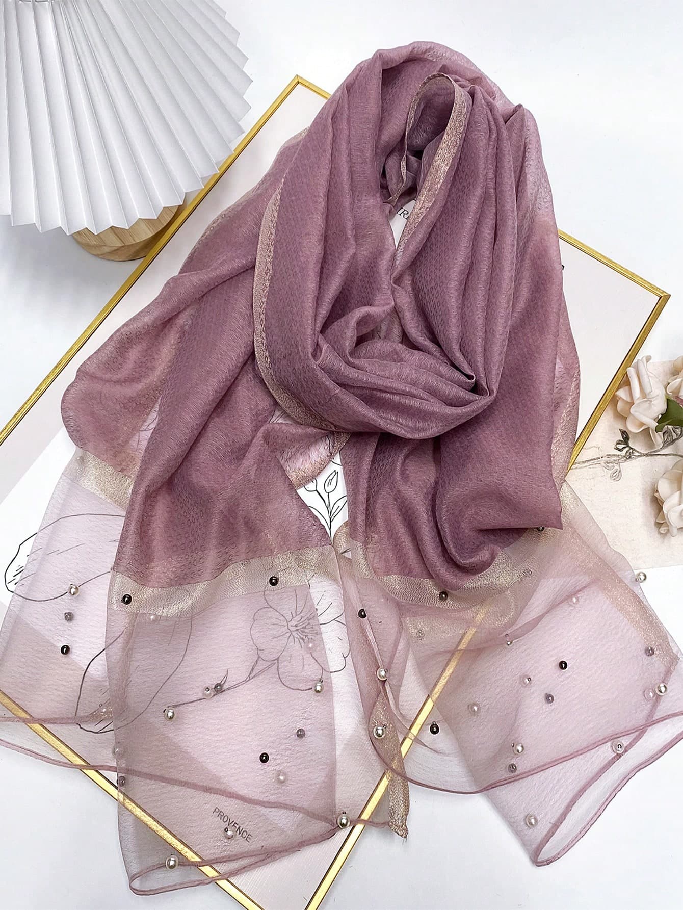 Elegant Purple Pearl Beaded Wool Blend Scarf Female, Shiny Color Block Turban, Autumn And Winter Warm Decorative Long Head Shawl