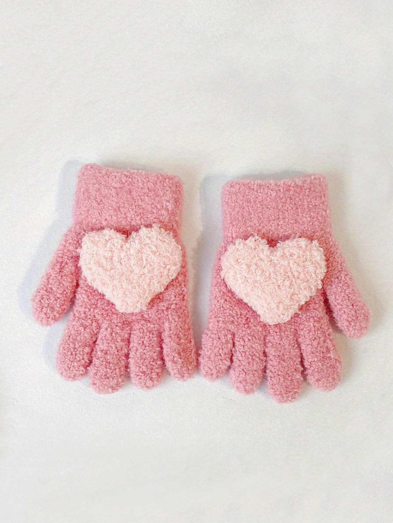 1pair Cute Thick Hand Gloves, Warm & Windproof 5-Finger Heart-Shaped Gloves, Soft Solid Color Suitable For Children
