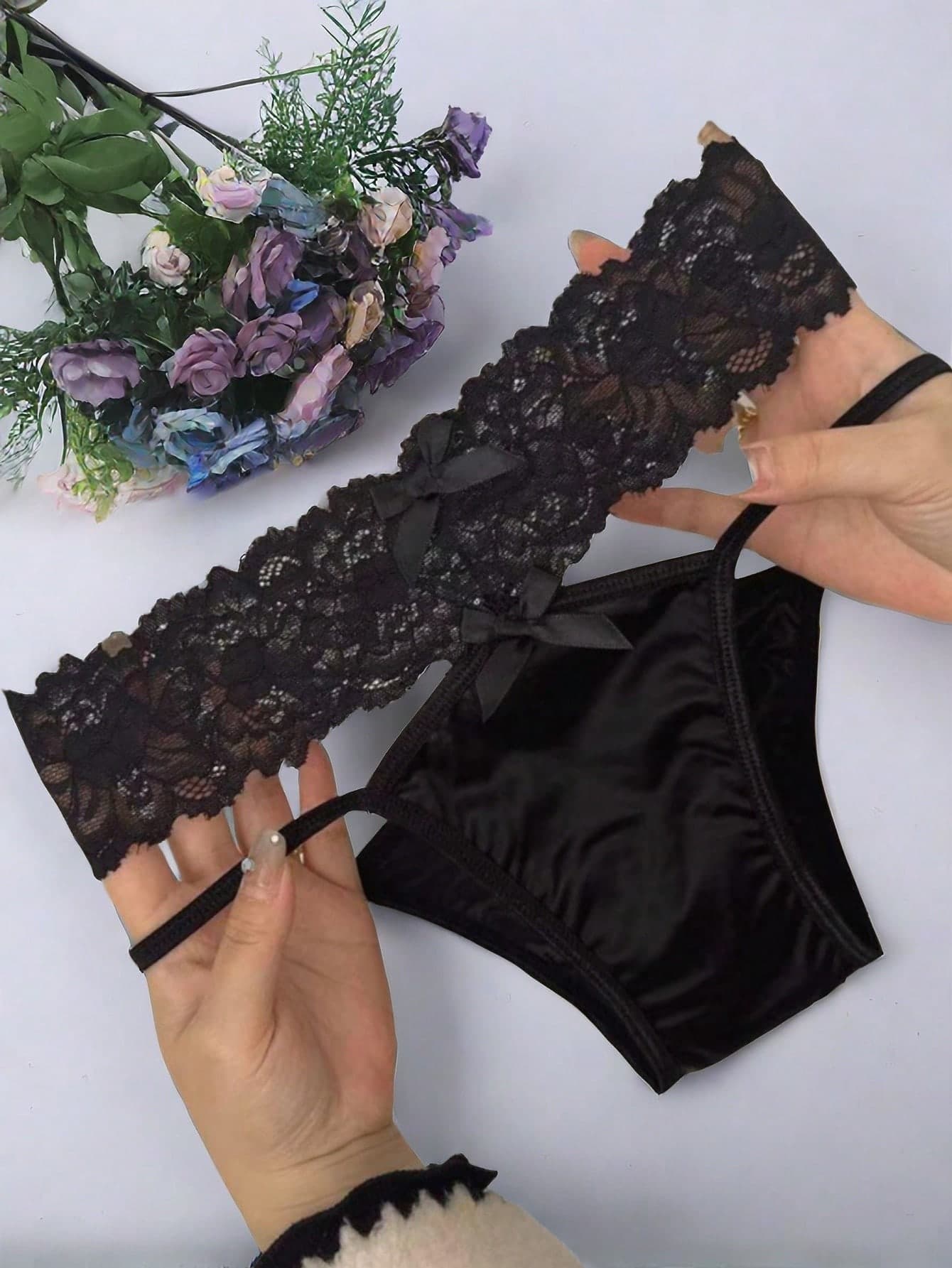 AB. Sexy Hollow Transparent Lace Lingerie Shorts For Women, Crossover Temptation Double Bow Triangle Panties, Fashion Sweet & Hot Girl Style Exclusive Lingerie, Innovative Crotch Pocket Design For Private Novelty Items, Date Night Outfit, Sexy Style, Must-Have For Hot Girls, High Value, Slimming, Fitted, Comfortable, Breathable, Skin-Friendly Material, Fashionable Best-Seller, Sexy Versatile Style, Soft Cute Girl Sexy Temptation Style, Breathable Lace, Skin-Friendly, No Sweat, Influencer Style Must-Have For Hot Girls