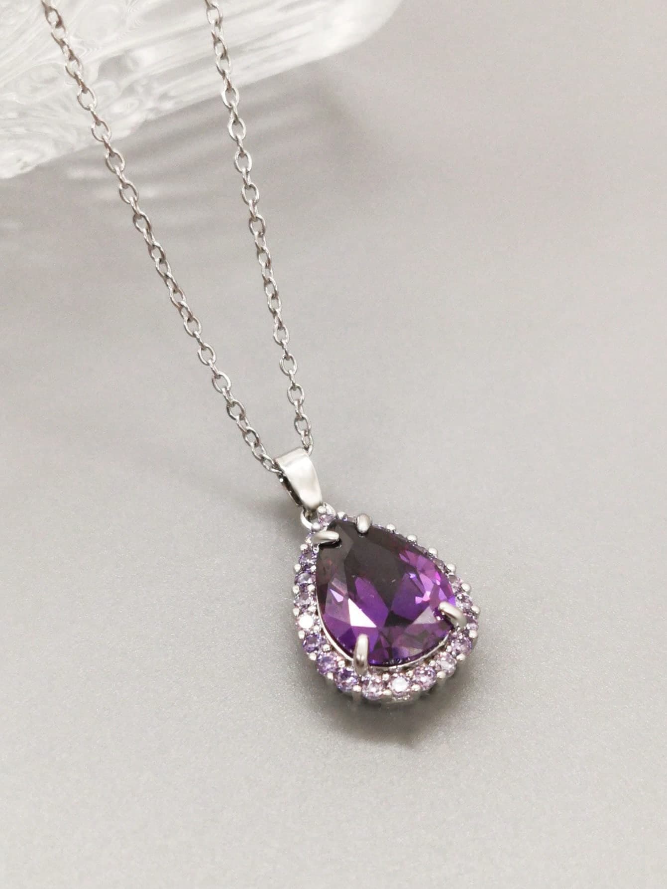 1pc Purple Teardrop Artificial Zirconia Pendant Necklace, Gift For Mom/Girlfriend, Birthday/Holiday Jewelry