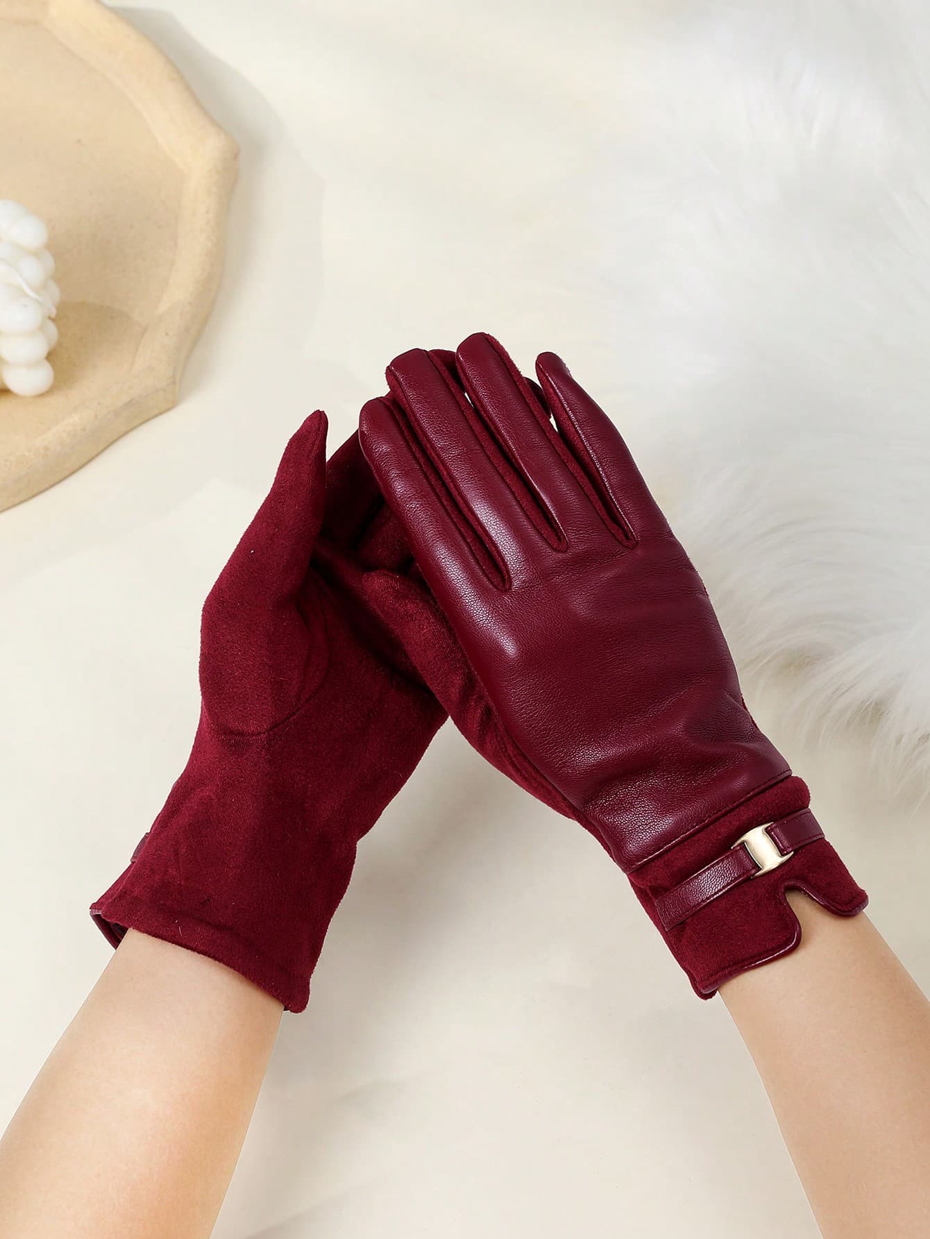 1pair Women's Burgundy Solid Color Casual Elegant Polyester (Polyester) Full Finger Gloves, Suitable For Autumn/Winter, Outdoor, Wedding
