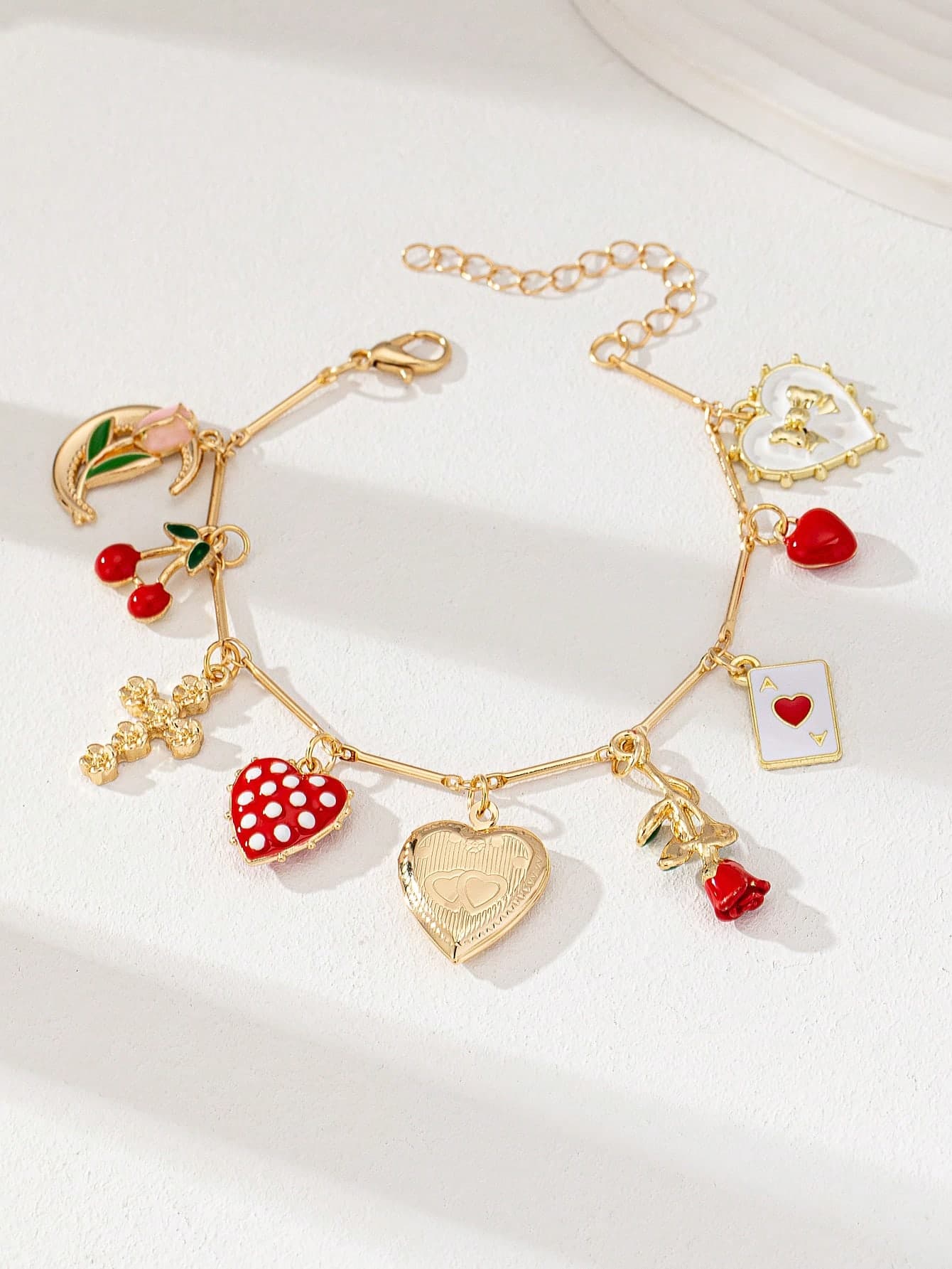 1pc Enamel Cherry & Strawberry Heart Pendant Bracelet, Multiple Pendant Bracelet Designs, Gift For Women On Valentine's Day