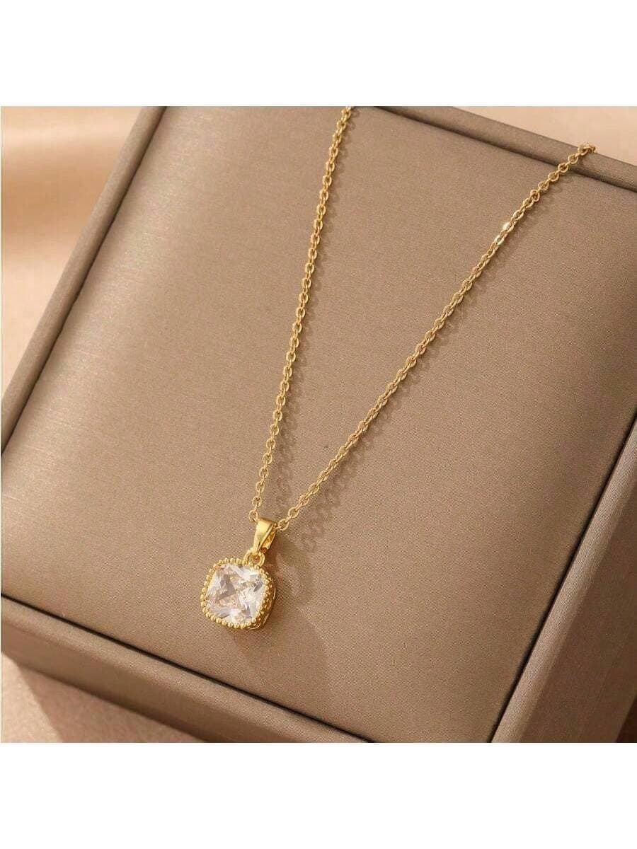 1pc Gold-Tone Stainless Steel Plated Cube Charm White Zirconia Pendant Necklace, Fashionable & Casual & Unisex & Unique Artistic, Great For Women & Men & Couples & Street-Style & Daily Outfit & Party & Festival Decoration