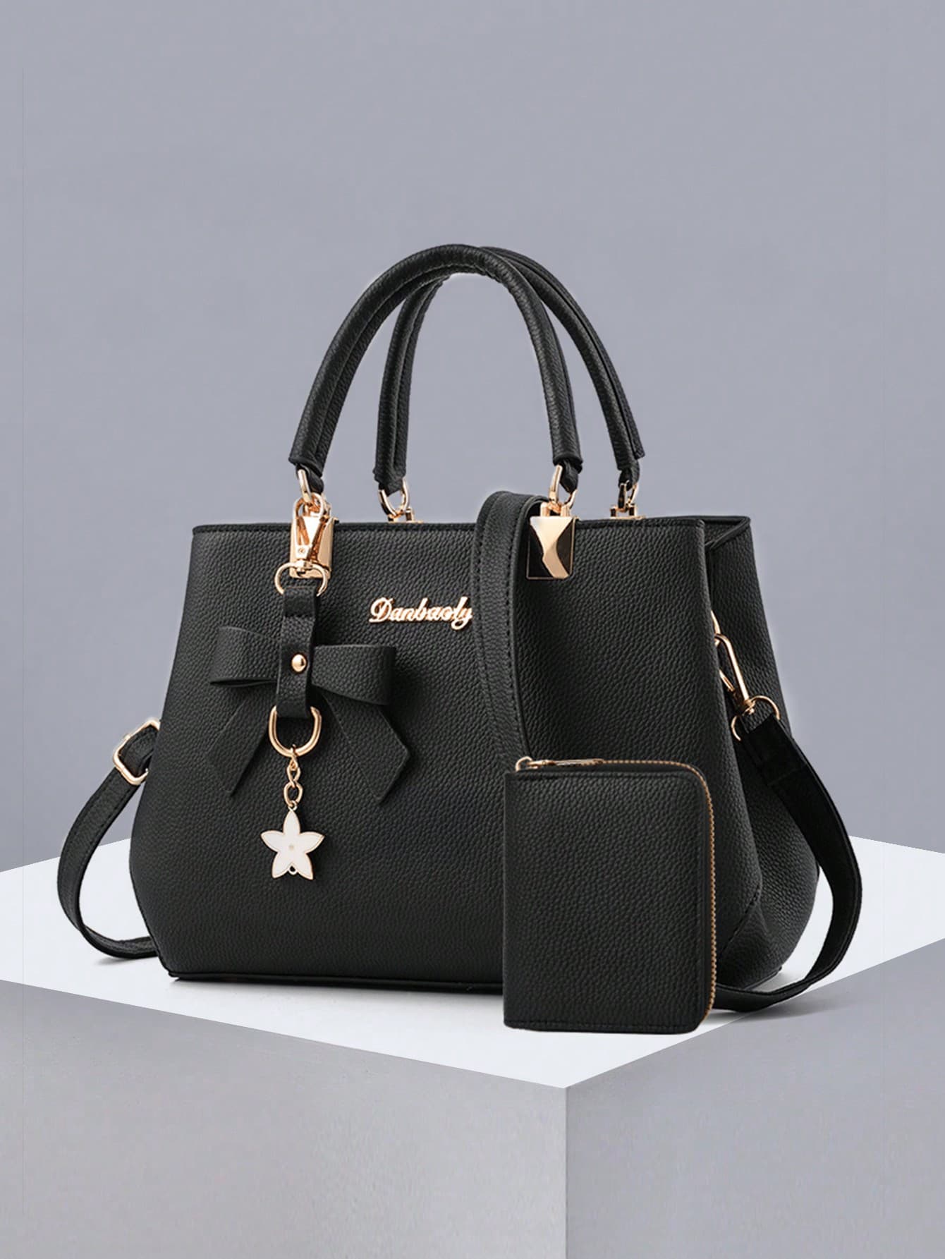 PLANEE Women's Solid Color Handbag And Card Holder 2-Piece Set, PU Material, Bow Pendant