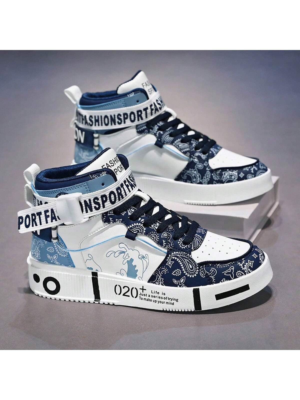Men Fashion Casual Sneakers White Shoes With Personalized Graffiti Print, For Teenager Boys