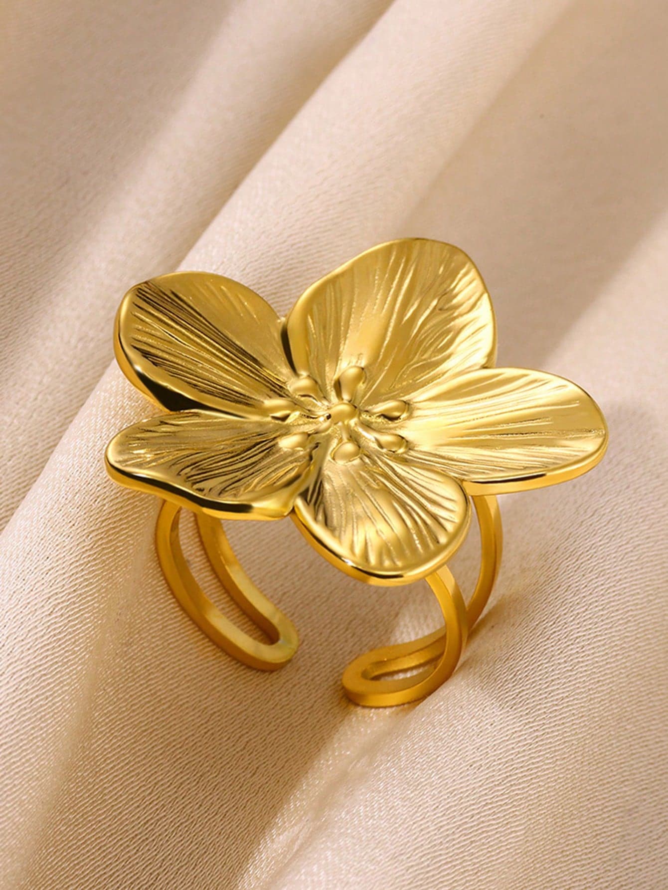 1pc Elegant Stainless Steel Large Flower Ring, Gold Color, New Open Ring Design, Finger Jewelry, Wedding Gift, Punk Style