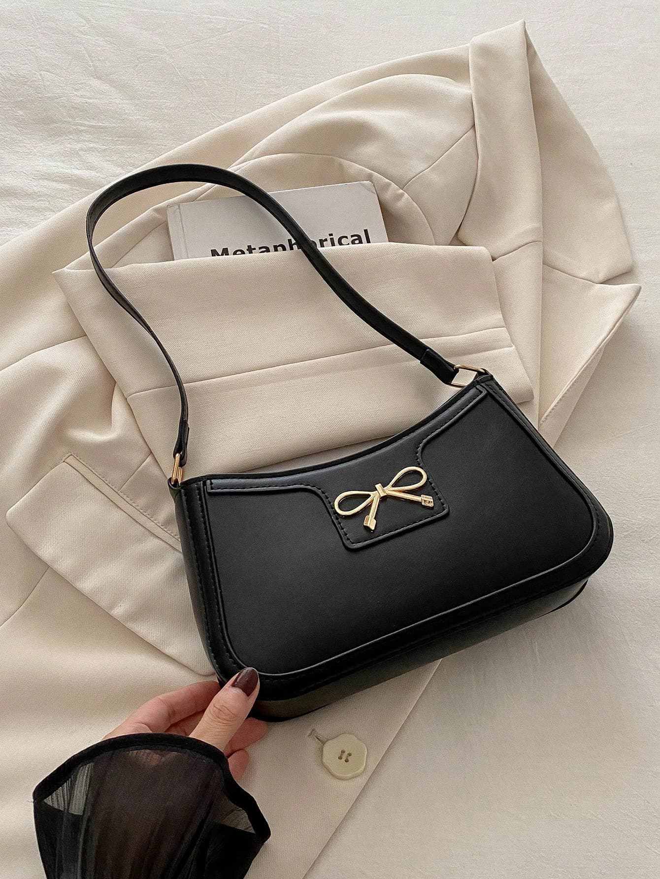 New Fashion Casual Women's PU Solid Black/Khaki/Camel Bow Metal Decor Underarm Coin Purse Makeup Bag, Fashionable Bow Purse For Women