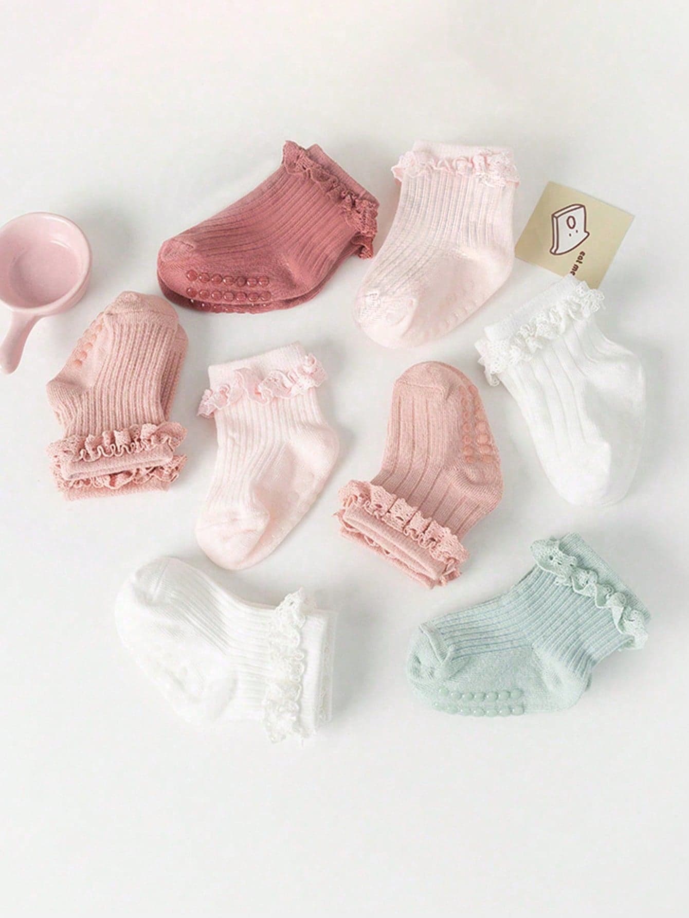 5pairs Baby Girls' Solid Color Cute Anti-Slip Lace Socks, Ideal For Gift Or Daily Wear