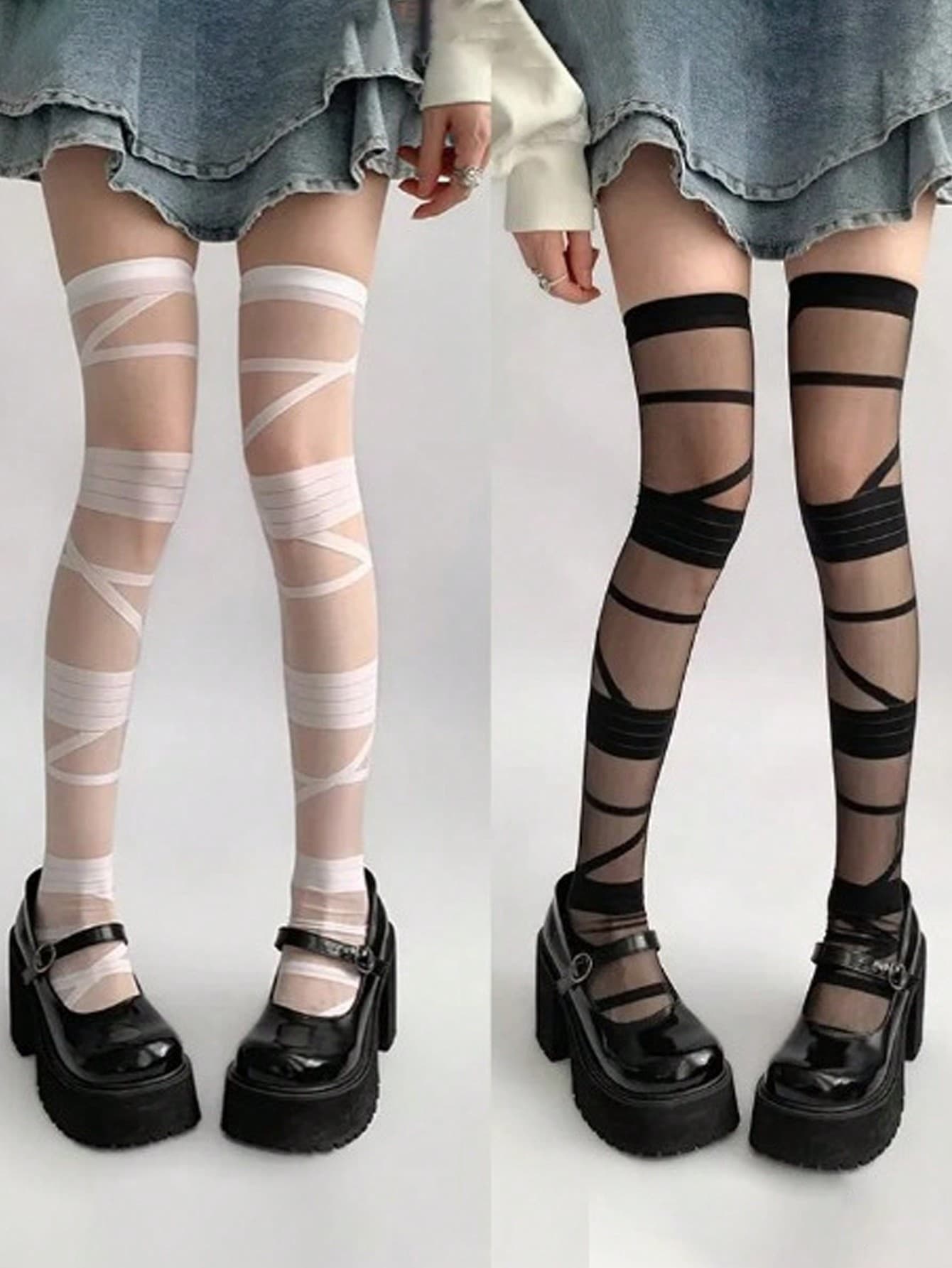 2 Pairs Of Sweet, Cool And Spicy Black And White Bandages, Knee High Socks, Long Tube With Glass Fiber Tie Pattern, JK Soft Girl Ins Socks