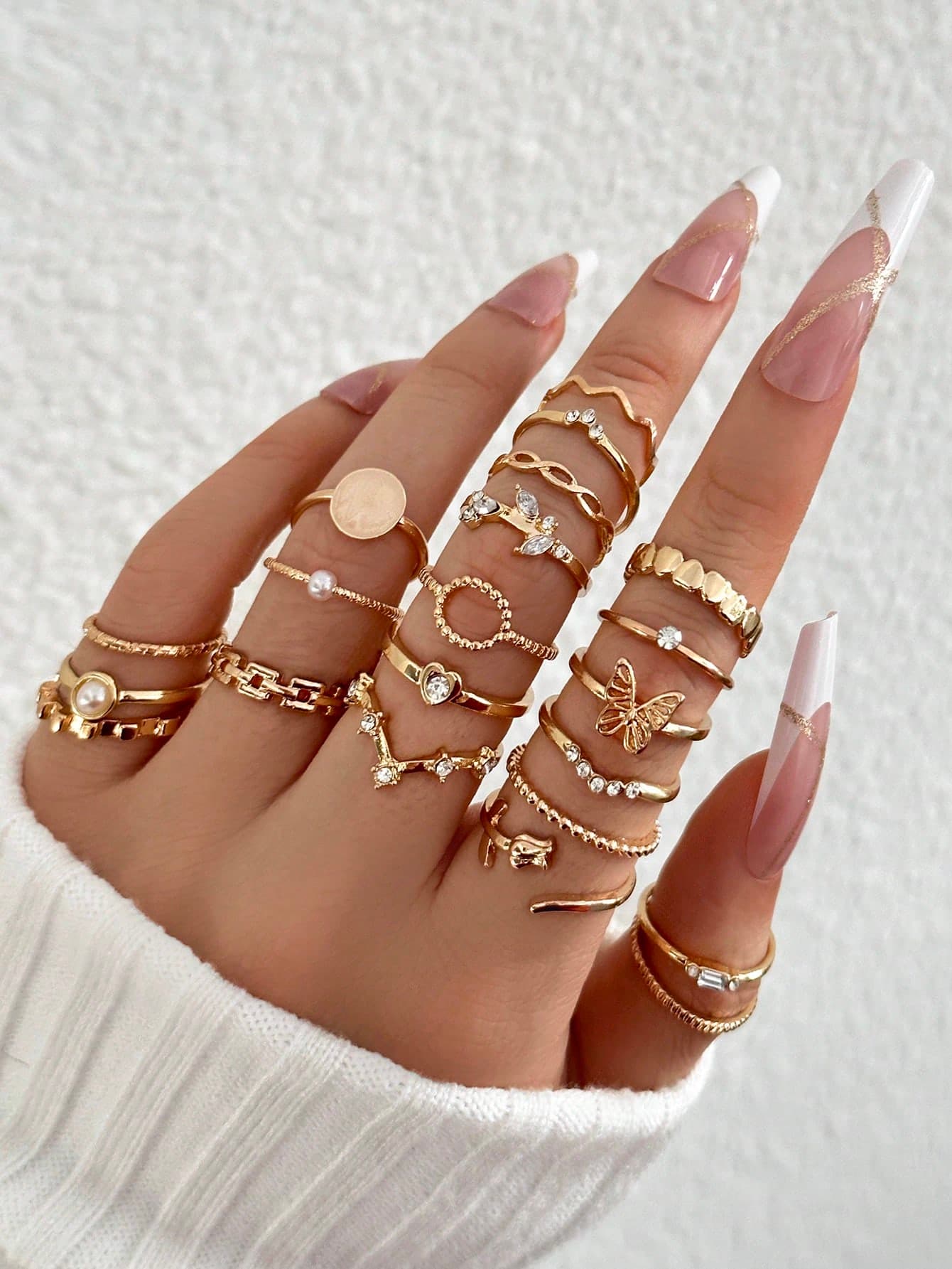 21pcs Set Luxury Rhinestone & Faux Pearl Heart & Butterfly Decorated Rings, Suitable For Daily Wear For Women Valentines