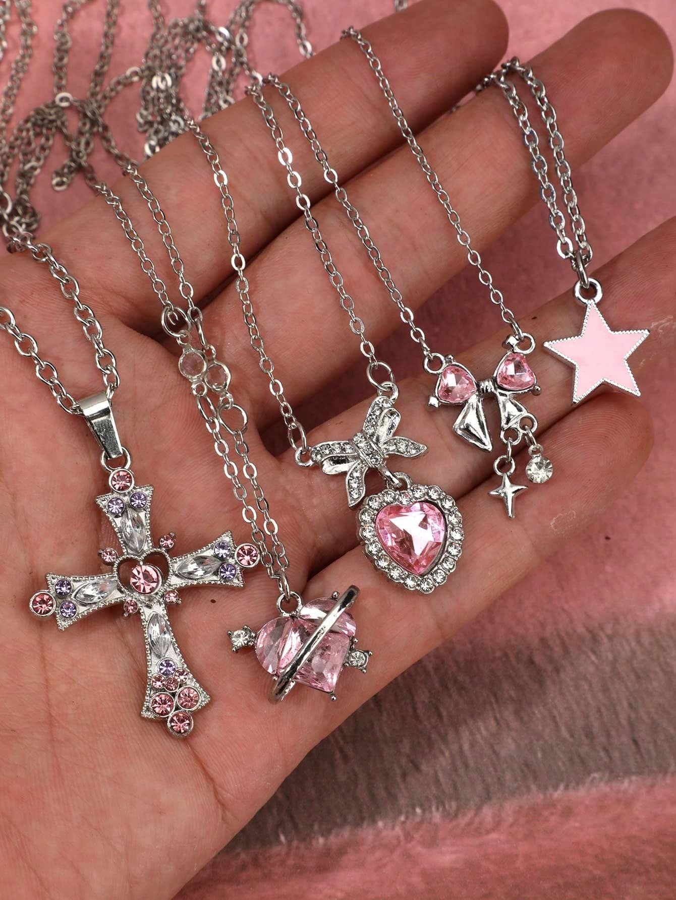 5pcs Y2K Crystal Butterfly, Heart, Cross, Butterfly Heart, Bowknot, Star Pendant Necklace Set, Shiny Choker Necklaces, Fashion Jewelry Gift For Women, Girls, Valentine's Day, Party
