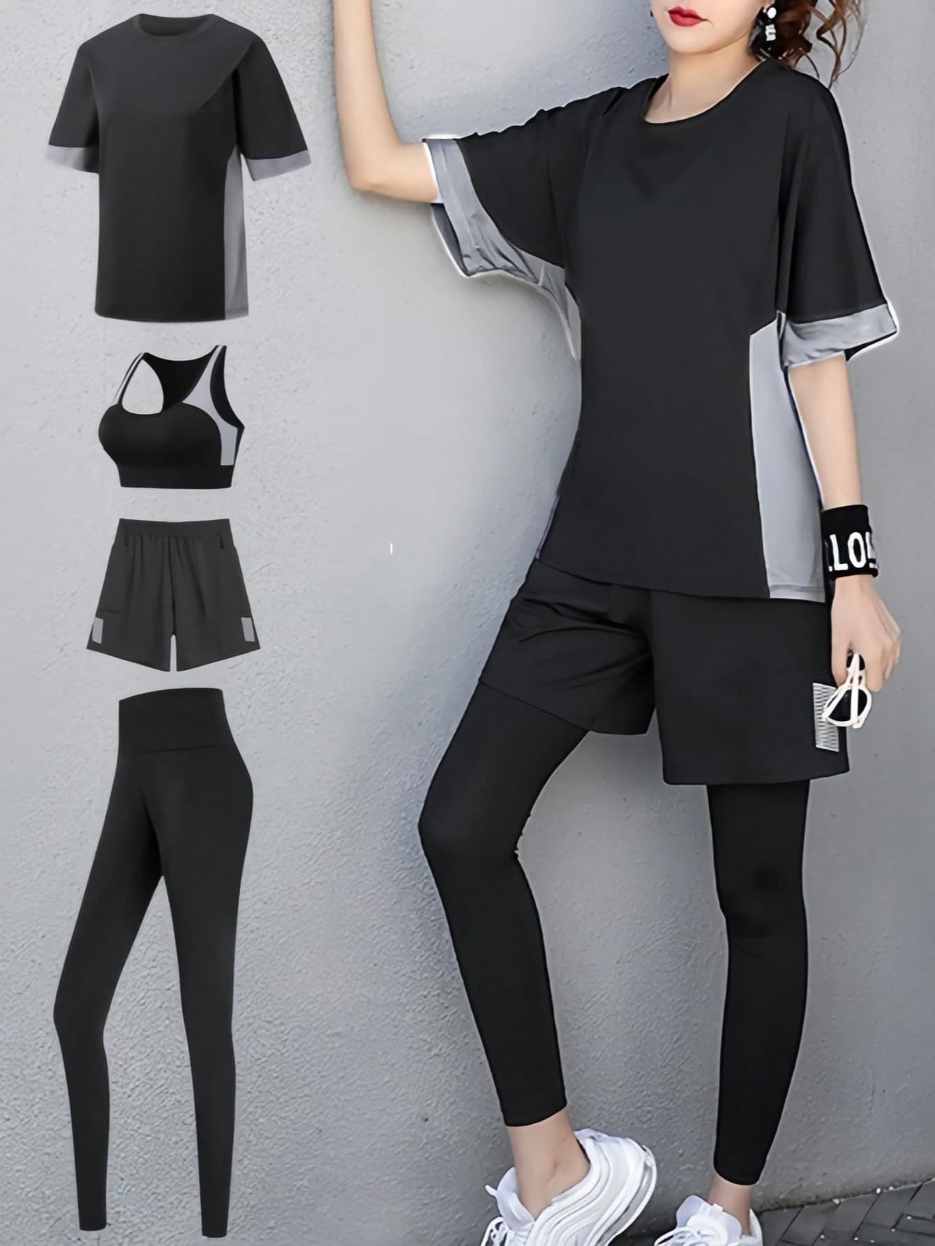 4pcs/Set Women Yoga Bra Top, Loose T-Shirt, Leggings Sportswear Suit, Workout Casual Outfit Summer