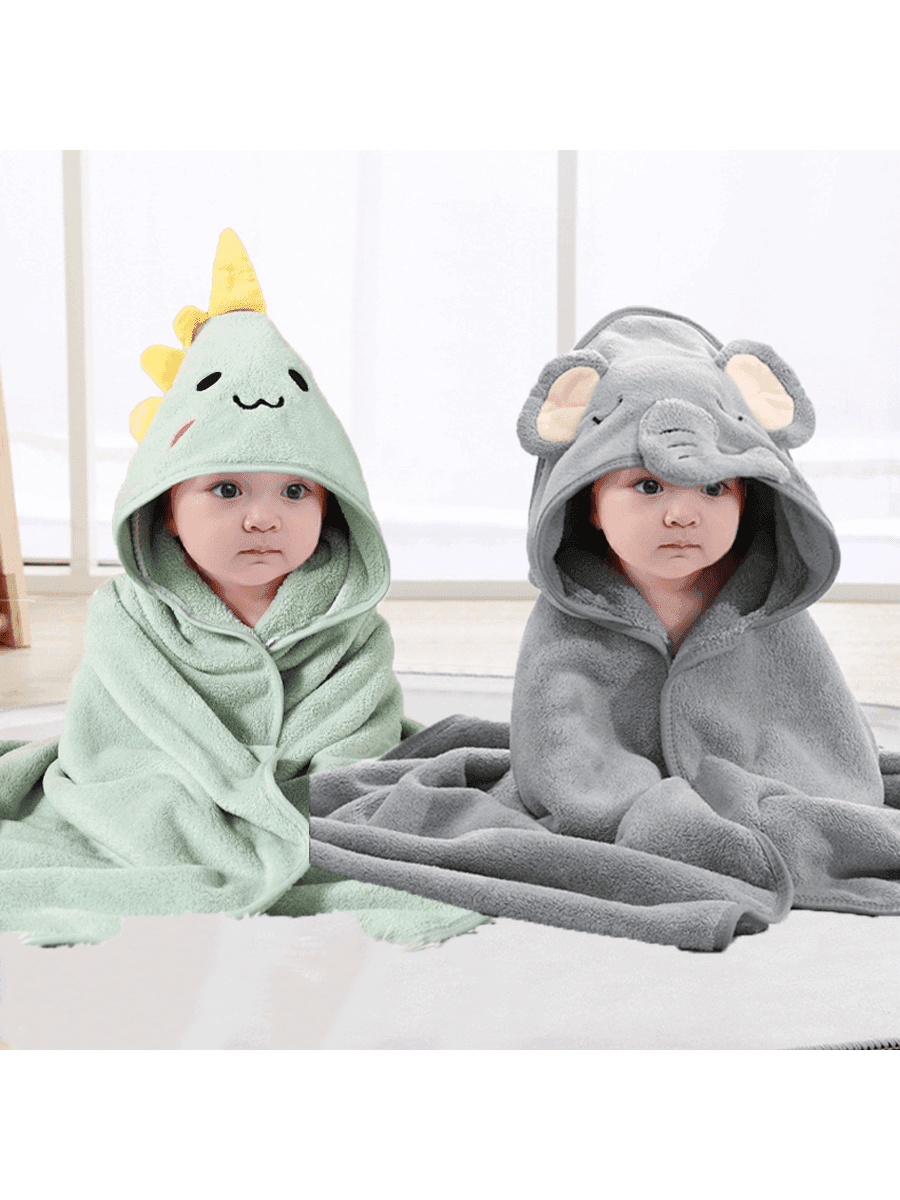 2pcs Neutral Baby Animal Face Hooded Towels, Unique Animal Design Soft Newborn Baby Cape, All Seasons Coral Fleece Cartoon Bathroom Wrap Bath Towel For Children