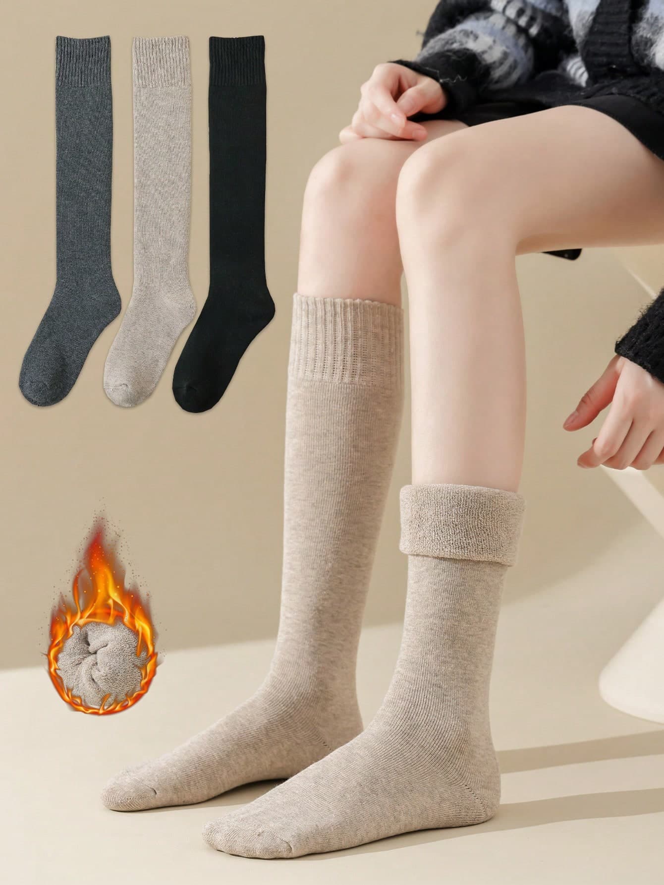 1/3 Pairs Solid Color Thick Thermal Lined Knee High Socks, Warm For Matching With JK Skirt, Y2k, Cozy