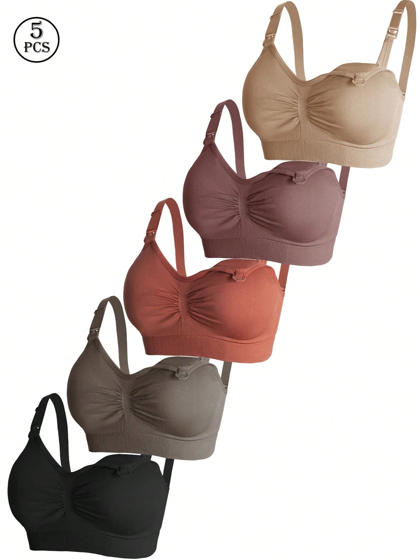 5Pcs Maternity & Nursing Bra Set, Nylon, Front Clasp, Wireless, Comfortable, Gently Push Up & Seamless Bra