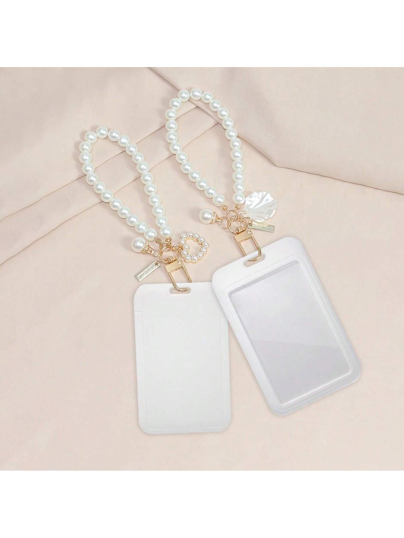 1pc Macaroon Style ABS Solid Color Retractable ID Card Holder Clip With Faux Pearl Chain And Shell Pendant. Student ID Holder Bracelet, Women's ID Badge Clip, Bus Pass & ID Card Protective Pouch, Campus ID Card Holder Back To School