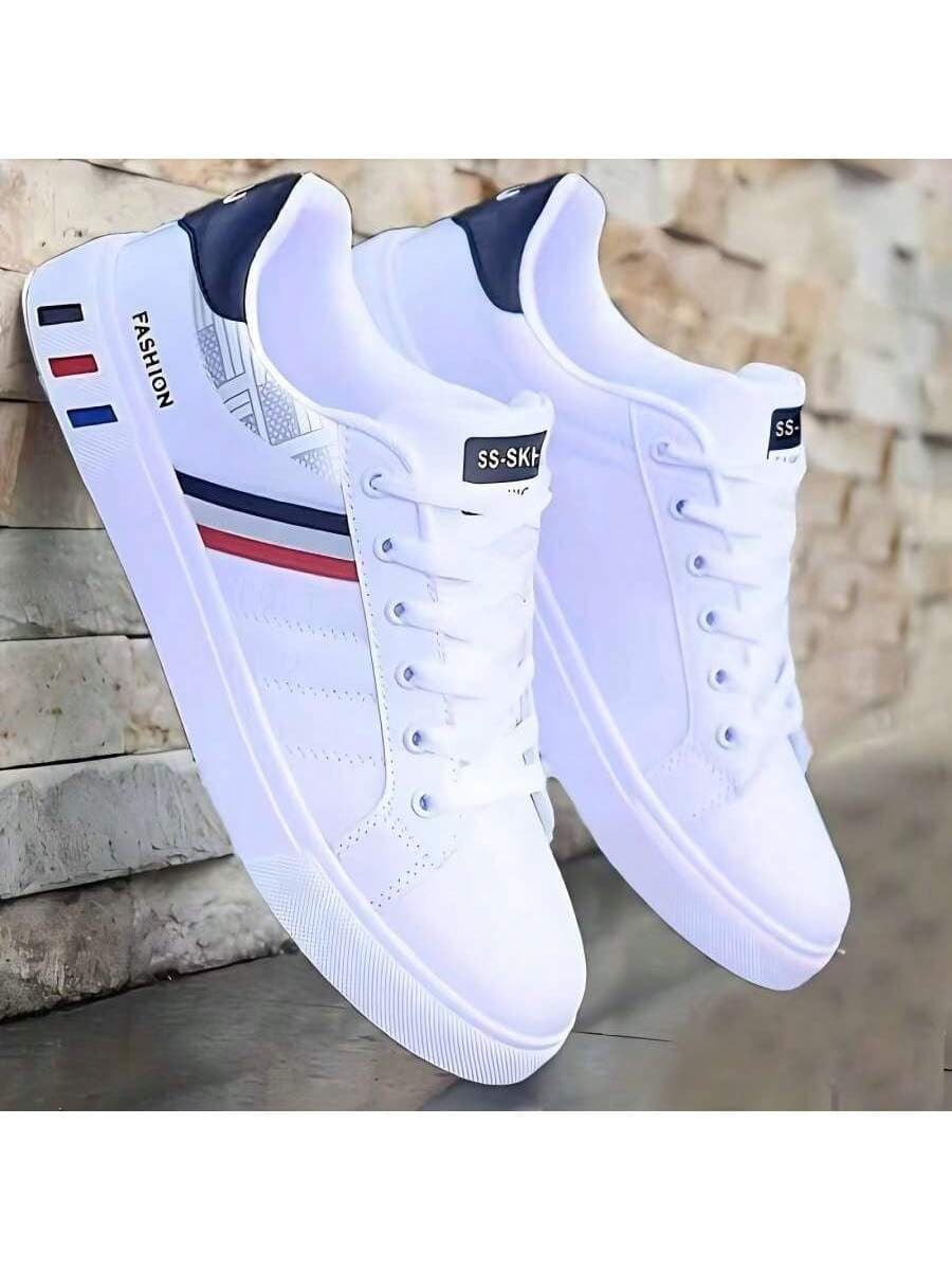 OBOVAY Men's Striped Lace-Up Skate Shoes - Durable PU Leather Upper, Breathable Fabric Lining, Cloth Insole, Anti-Slip PVC Outsole, Round Toe Design, Suitable For Outdoor Casual Wear In Spring, Summer, Autumn And Winter