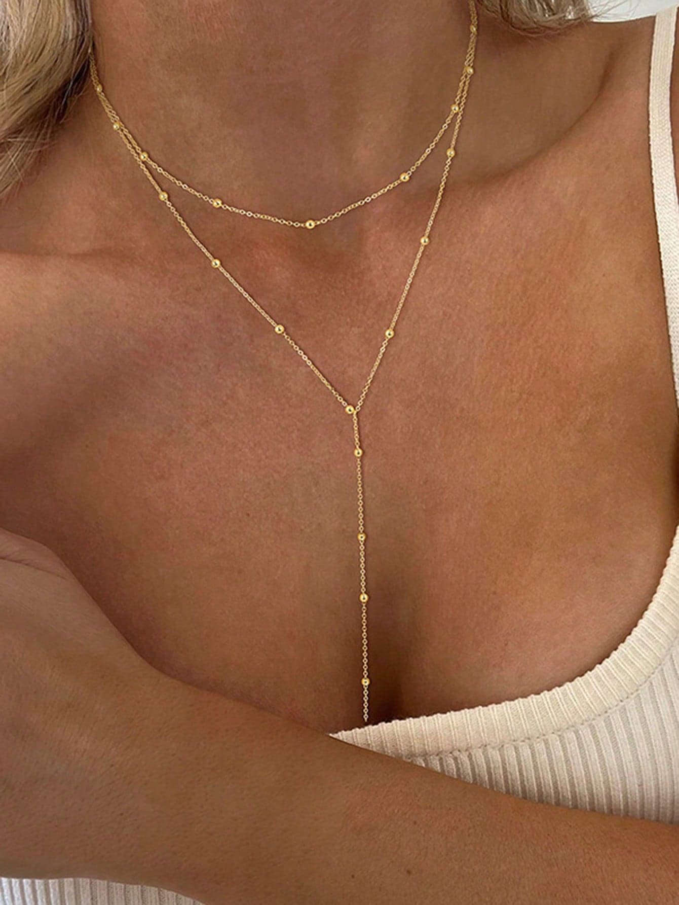 1pc Fashionable Simple Geometric Tassel Round Bead Collarbone Multi-Layer Long Y-Shaped Necklace