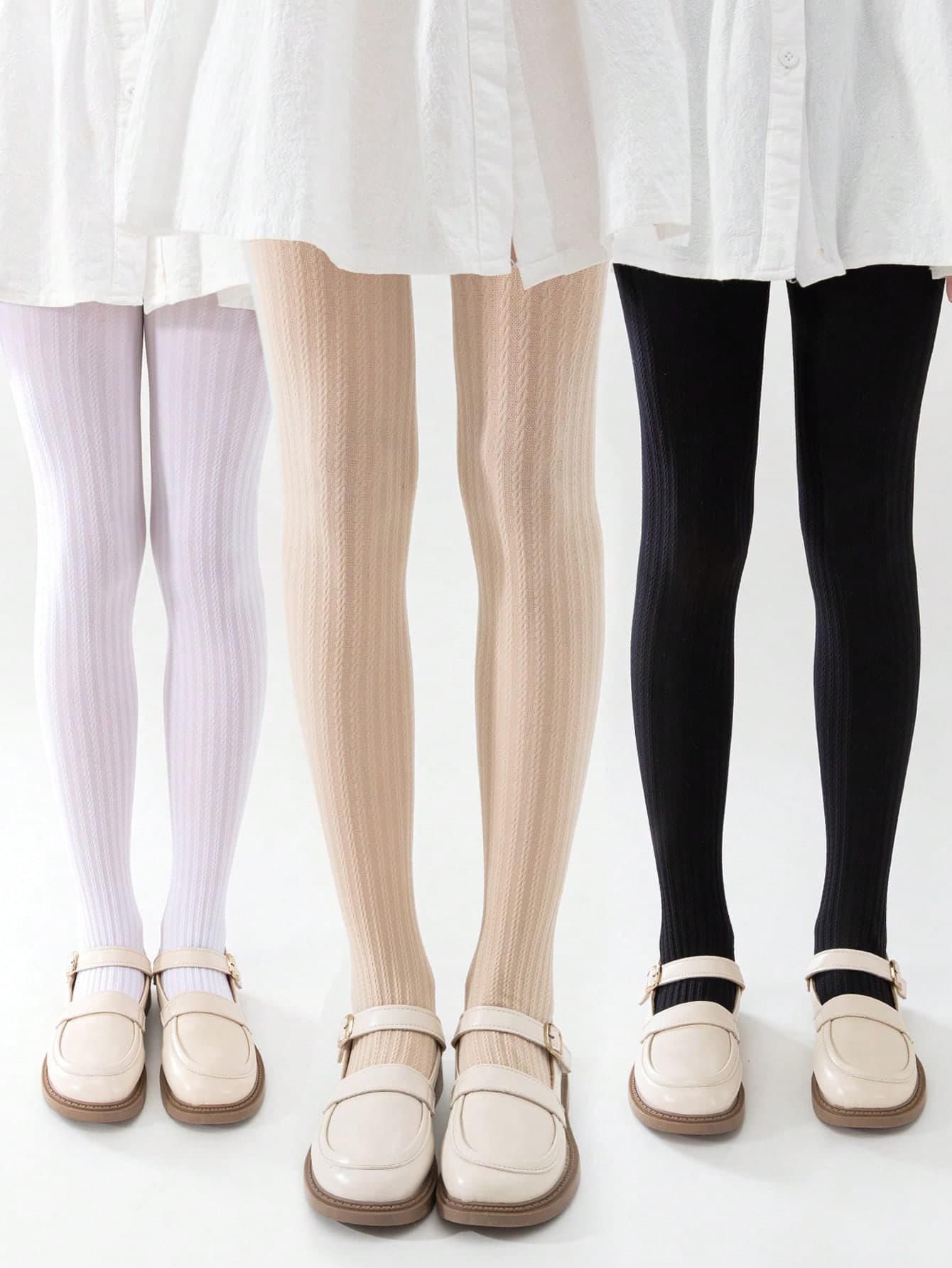 3pairs Jacquard Solid Color Pantyhose, High Stretch Tights For All Seasons