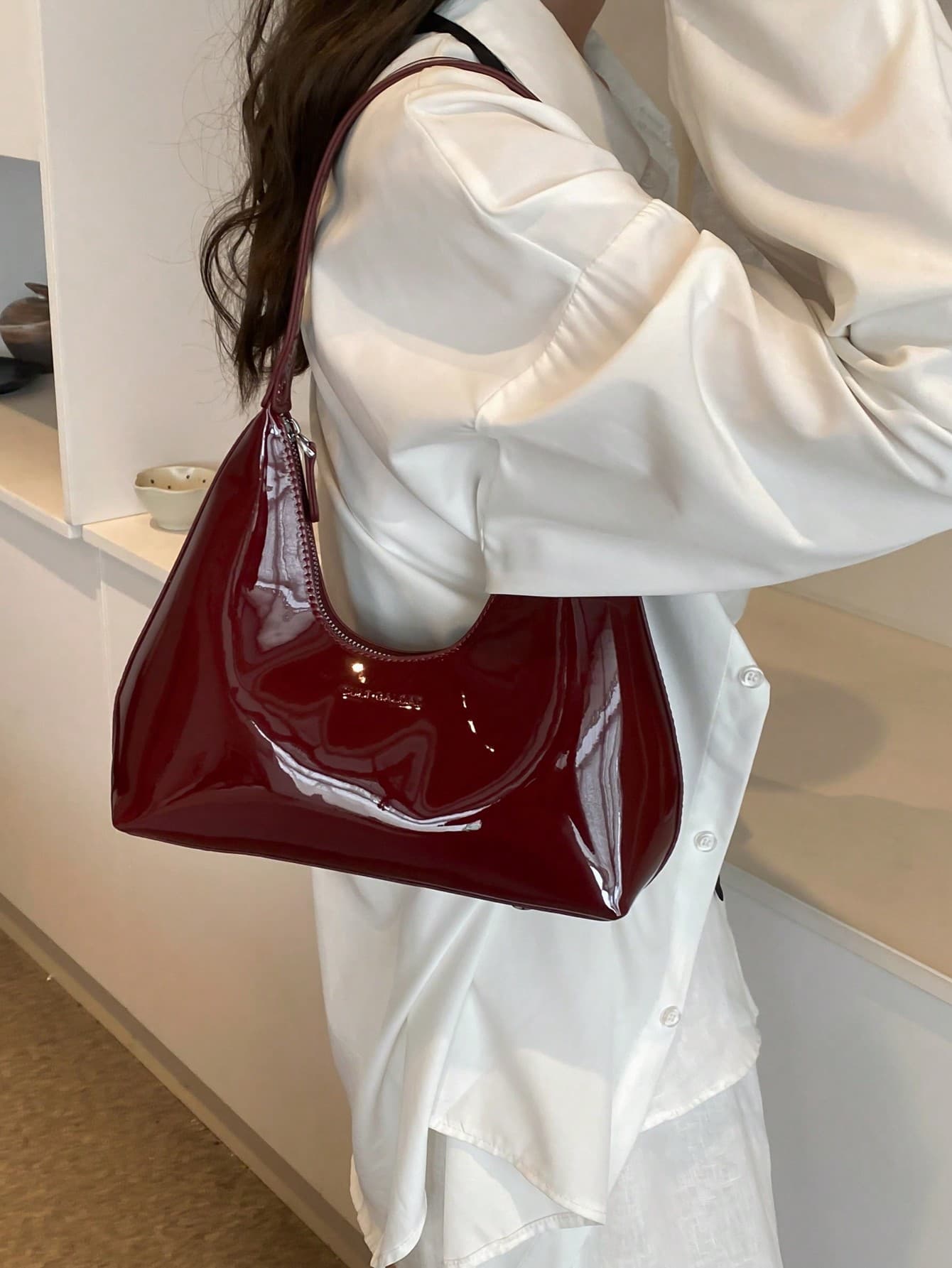 Korean Red Patent Leather Baguette Crescent Shoulder Bag, Ladies Satchel Handbag, Chic Underarm Bag