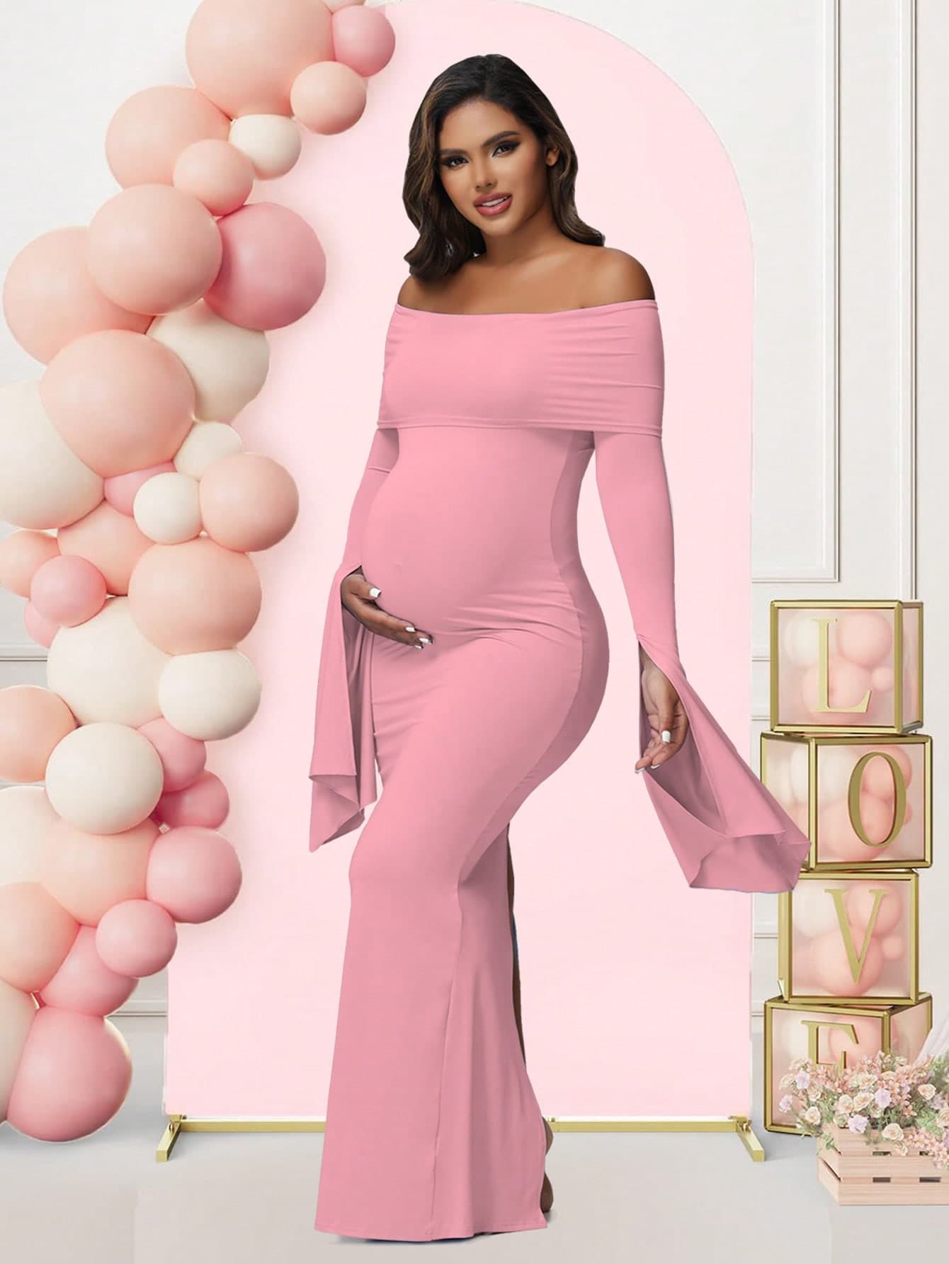 Maternity Open Shoulder Solid Color Long Sleeve Dress, Suitable For Baby Shower Photo Shoot Spring Pink