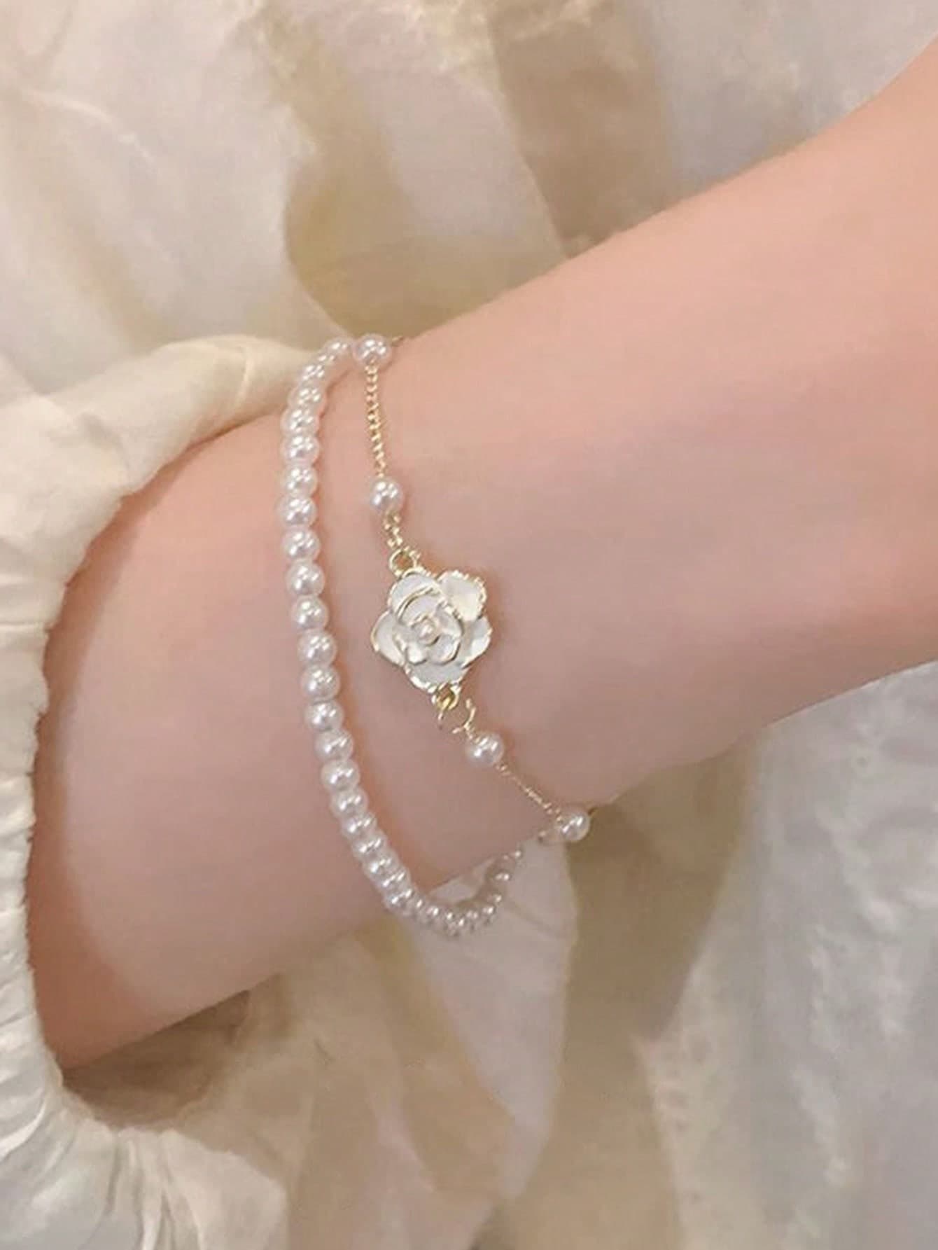 1pc Women's Double Layer Camellia Flower & Pearl Bracelet, Suitable For Dress, Casual Wear, And As Gifts For Friends Winter Gifts